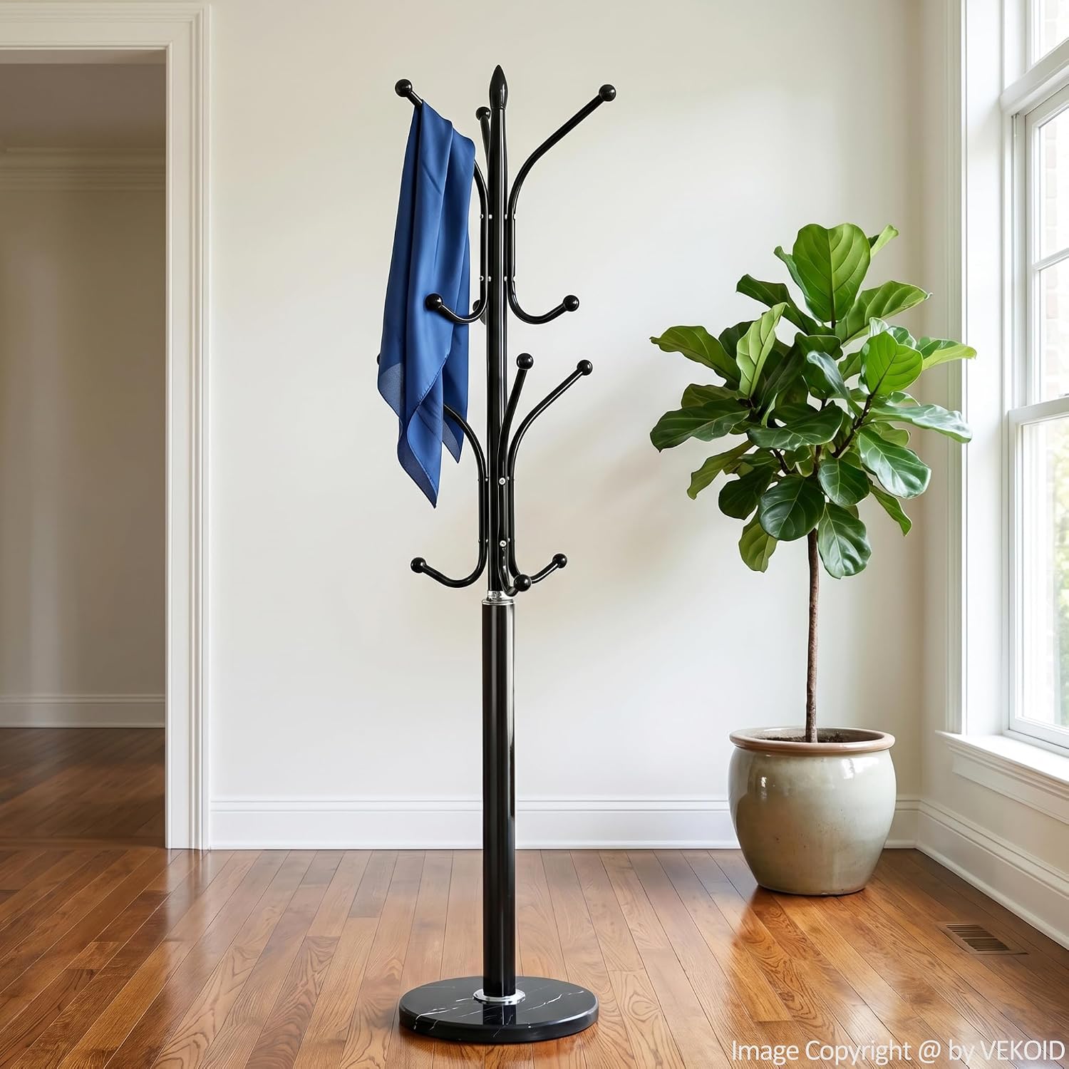 12 Hooks Metal Coat Rack Freestanding Coat Tree with Marble Base, Heavy Duty Coat Rack Stand for Clothes Hats Bags, Coat Hanger Stand for Corner Entryway Bedroom Office (Black)