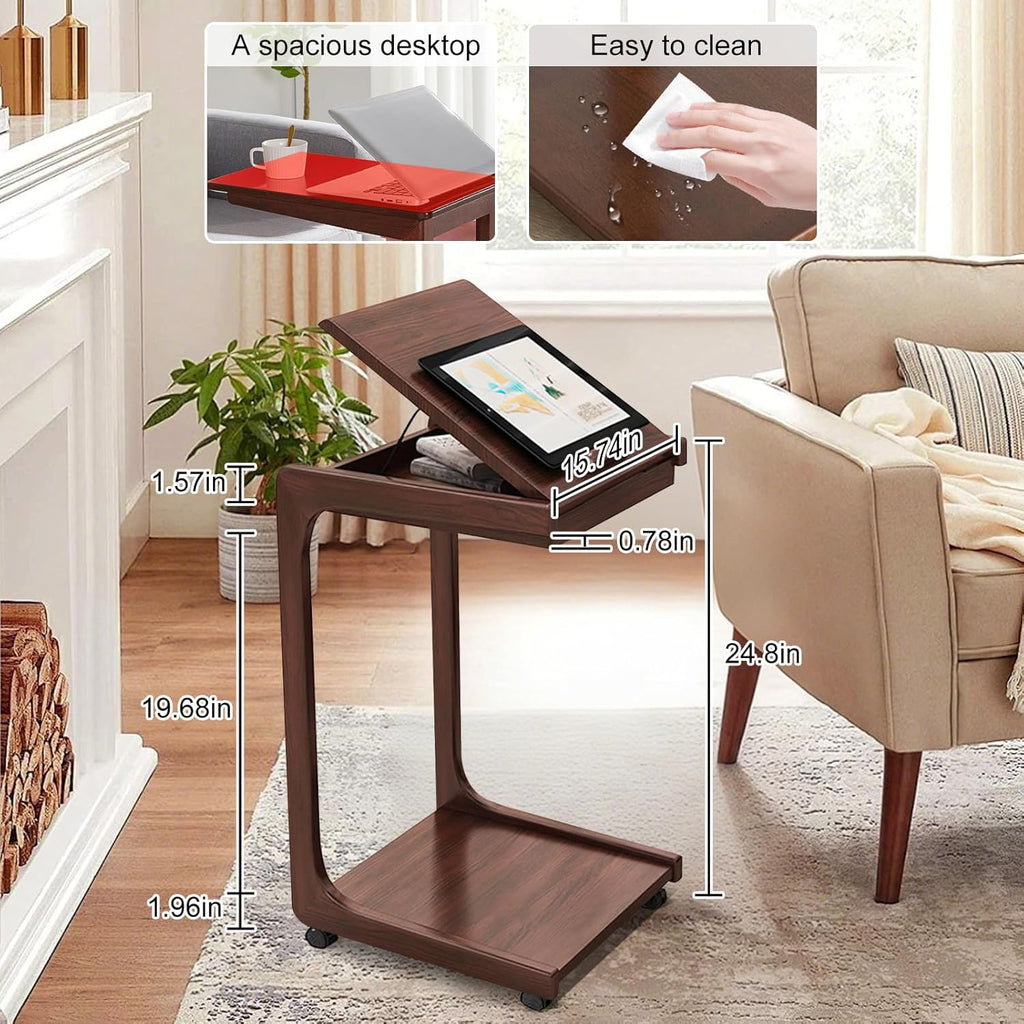 Wooden C-Shaped End Table,Couch Table with 360° Lockable Caster,Small Rolling Side Table with Adjustable Desktop for Living Room,Small Side Tables for Eating Writing Reading Bedroom