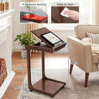 Wooden C-Shaped End Table,Couch Table with 360° Lockable Caster,Small Rolling Side Table with Adjustable Desktop for Living Room,Small Side Tables for Eating Writing Reading Bedroom