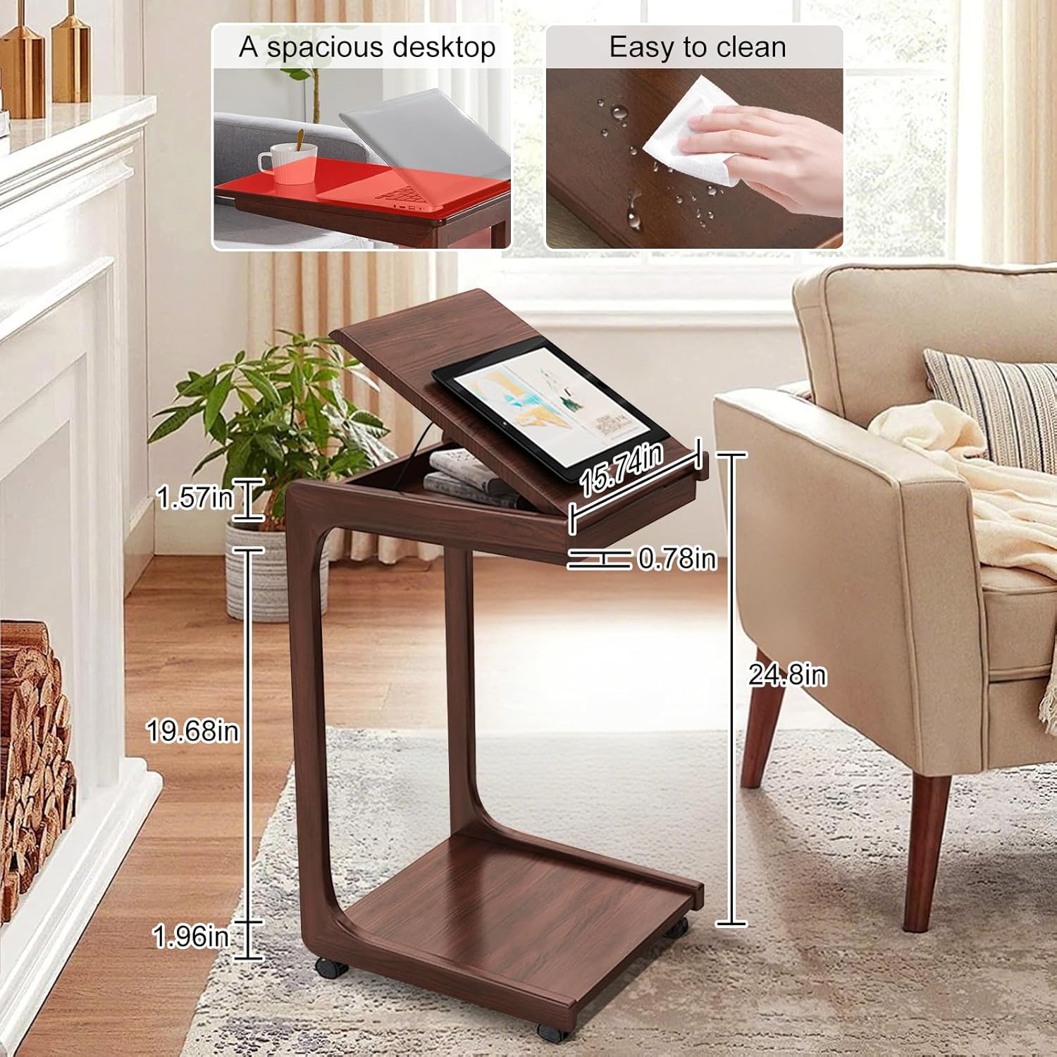 Wooden C-Shaped End Table,Couch Table with 360° Lockable Caster,Small Rolling Side Table with Adjustable Desktop for Living Room,Small Side Tables for Eating Writing Reading Bedroom