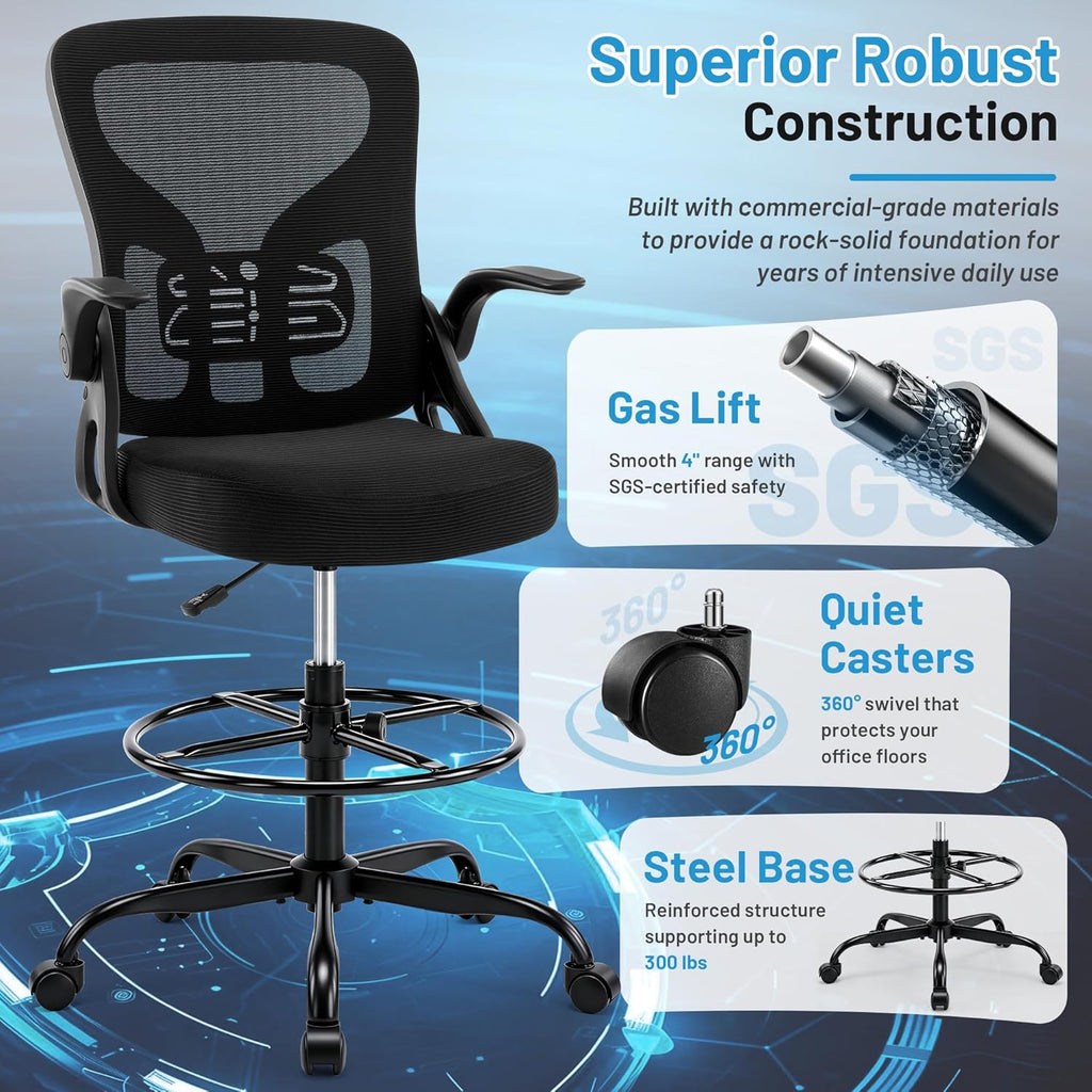 Drafting Chair for Standing Desk, Tall Office Chair with 22"-30" Seat Height &7" Lift Footrest Ring, Ergonomic Executive Mesh Computer Counter Stool with Lumbar Support &Flip-up Arms for Artist