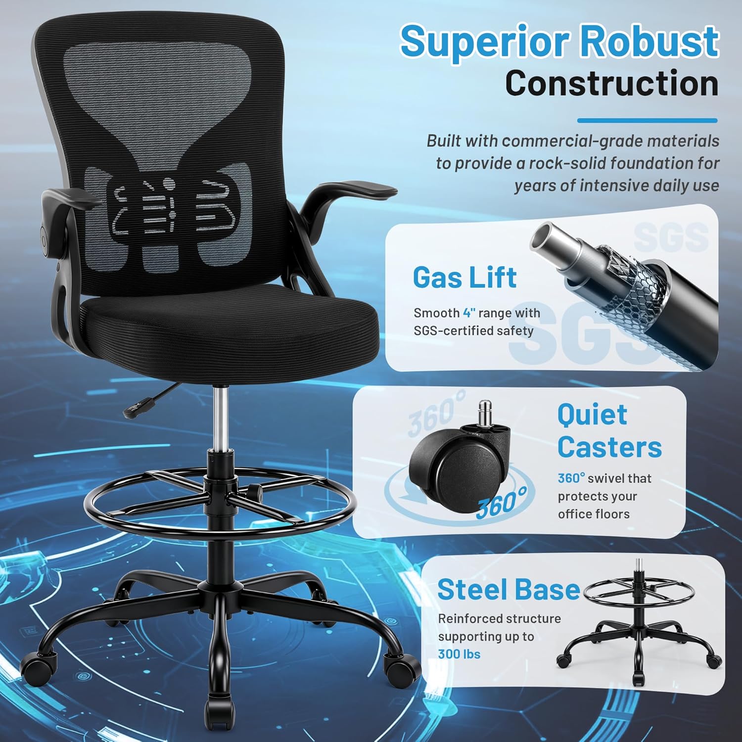 Drafting Chair for Standing Desk, Tall Office Chair with 22"-30" Seat Height &7" Lift Footrest Ring, Ergonomic Executive Mesh Computer Counter Stool with Lumbar Support &Flip-up Arms for Artist