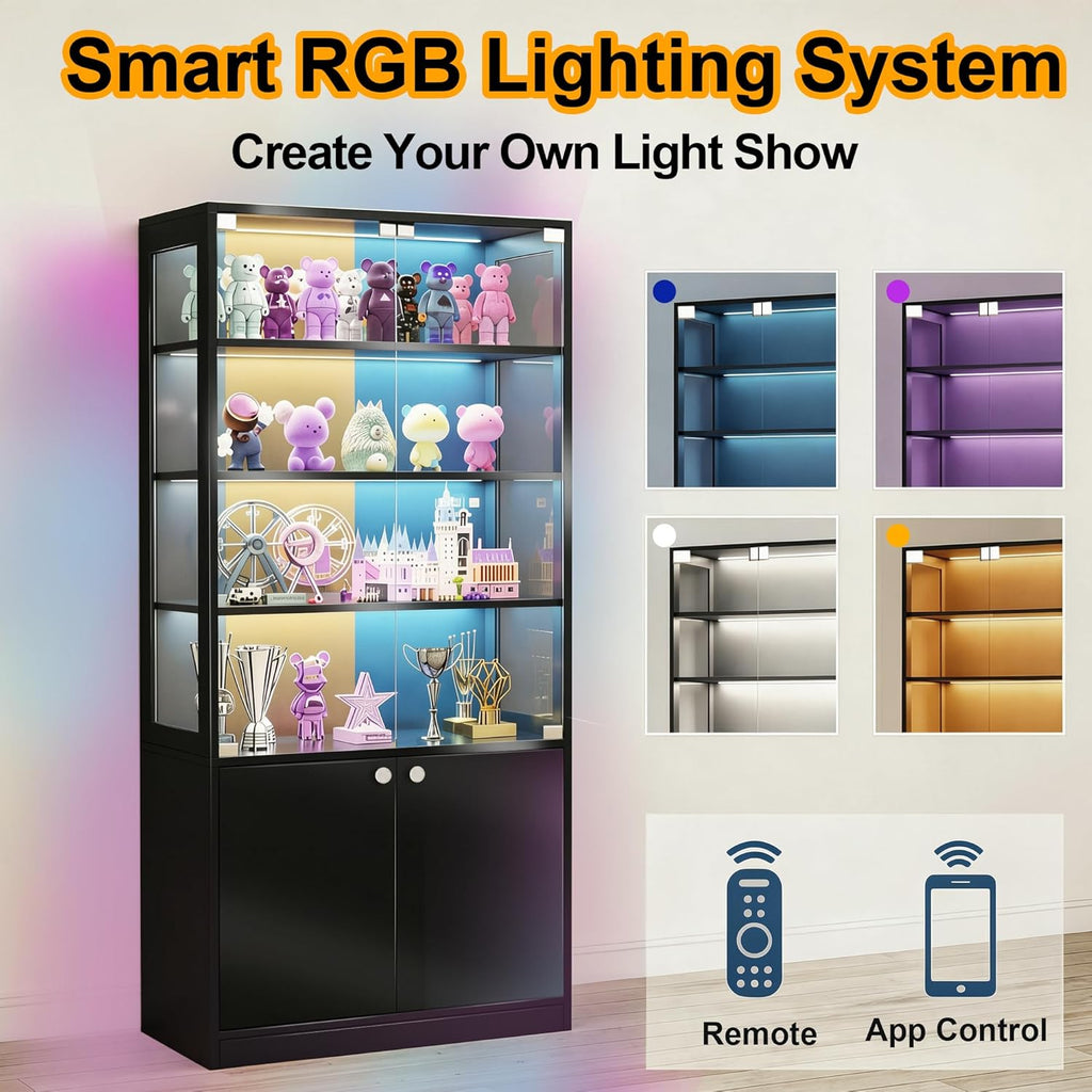 Display Cabinet with Glass Door - 7-Tiers Curio Cabinet Display Case with RGB Lights & Bottom Storage, Adjustable Shelves for Collectibles & Legos, Bookcase Storage Cabinet (Black)