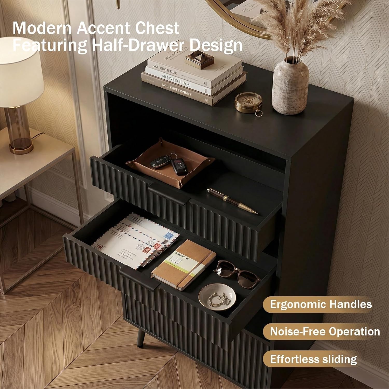 51" Tall Modern Black Storage Cabinet, Freestanding Kitchen Pantry Cabinet with 3 Drawers & Open Shelf, Buffet Sideboard Hutch, Snack Linen Cabinet for Dining Room,Bathroom, Bedroom, Office