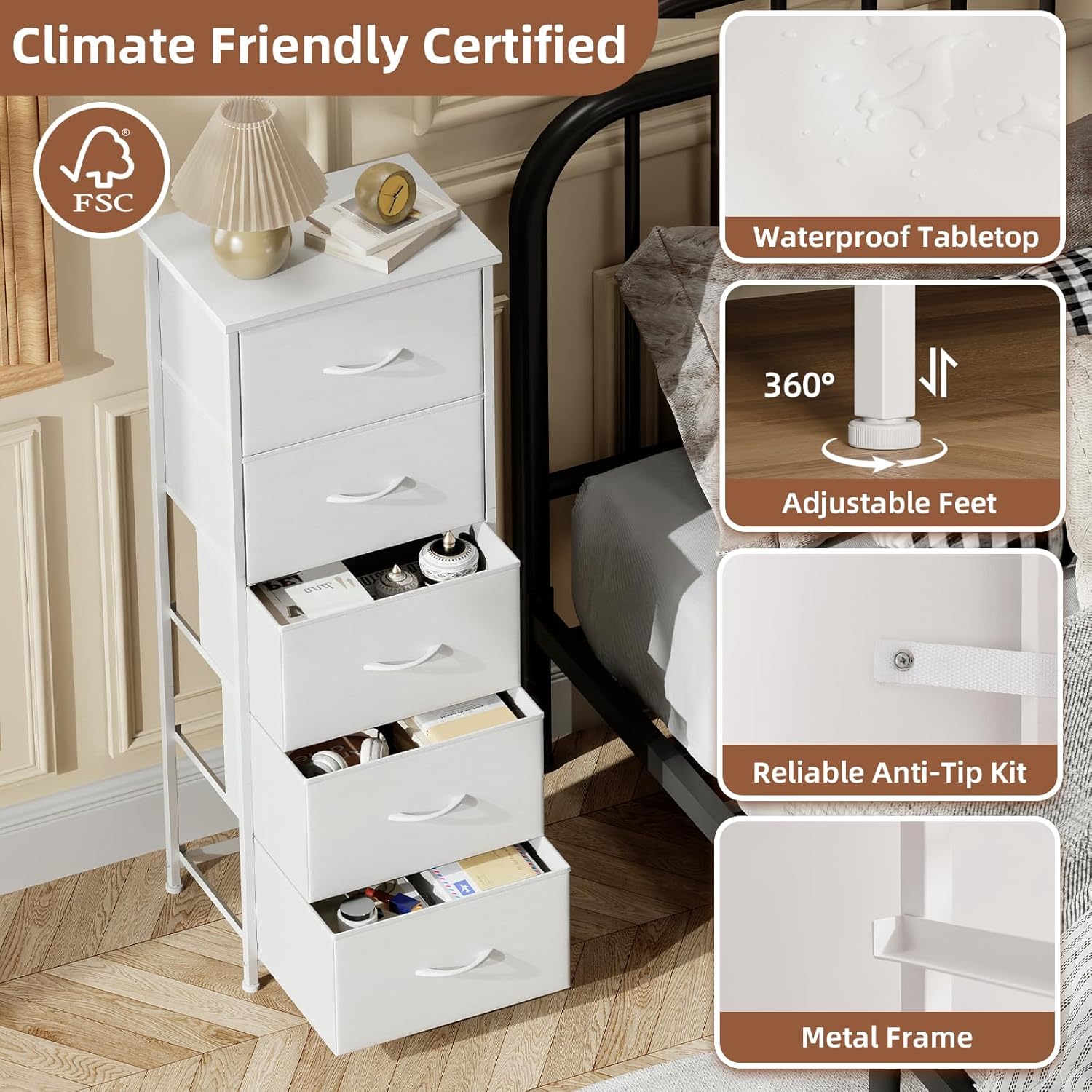 Somdot Tall Dresser for Bedroom, 5 Drawer Storage Cabinet, White | Fabric Dresser with Removable Bins, Steel Frame, Wood Top Home Furniture, Closet Organizer, Nursery, Dorm, Entryway Storage