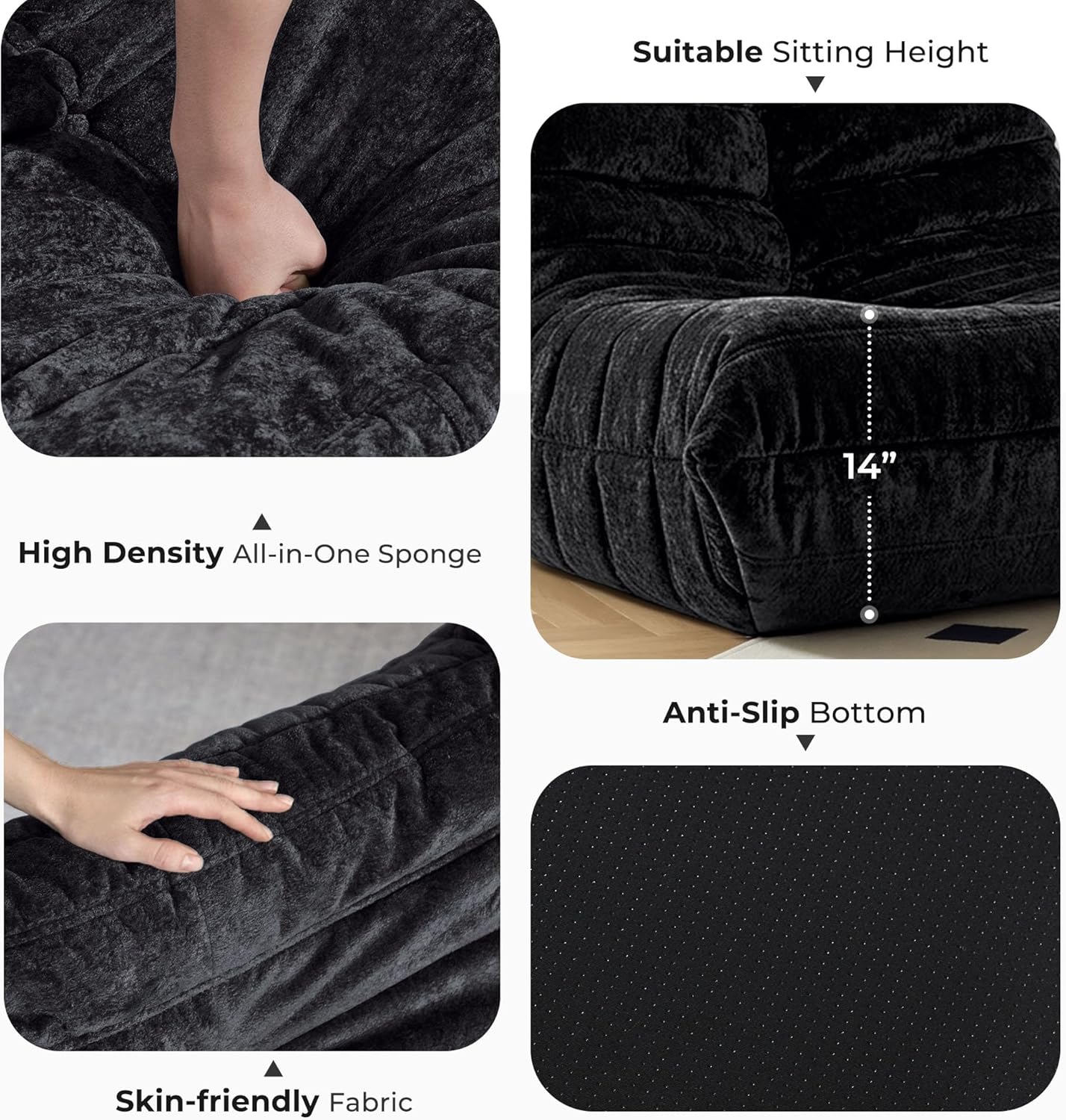 HABUTWAY Bean Bag Chair, Giant Bean Bag Chairs for Adults, Loveseat Fireside Chair, 2 Seater Lazy Bean Bag Sofa Memory Foam Couch for Living Room, Bedroom, Office (Black)