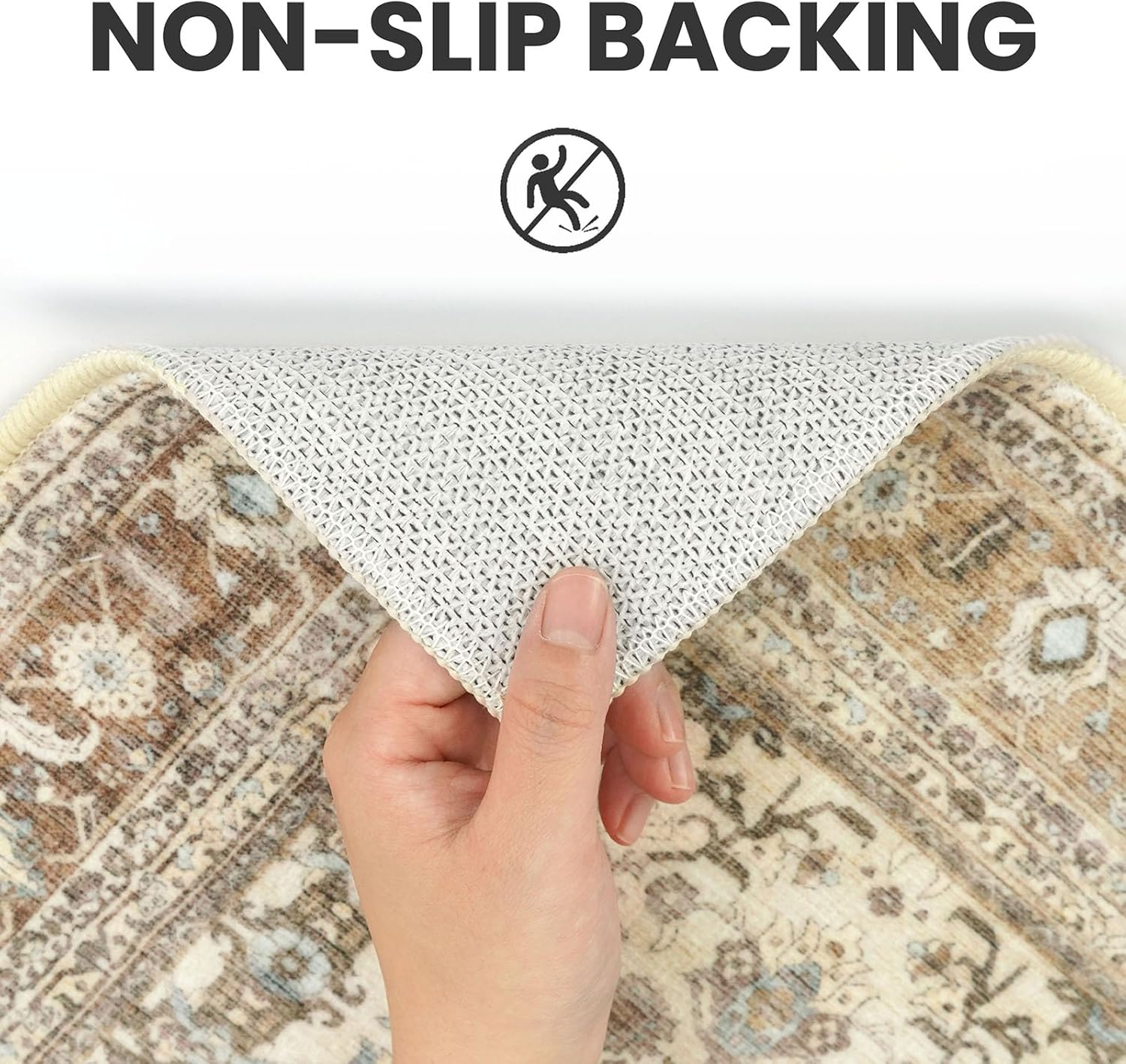 SIILOOM 2x6 Washable Runner Rug for Hallways, Beige Brown Soft Vintage Tribal Kitchen Rugs with Non-Slip, Non-Shedding Tribal Floral Rug for Bedroom Kitchen Porch Laundry Entryway
