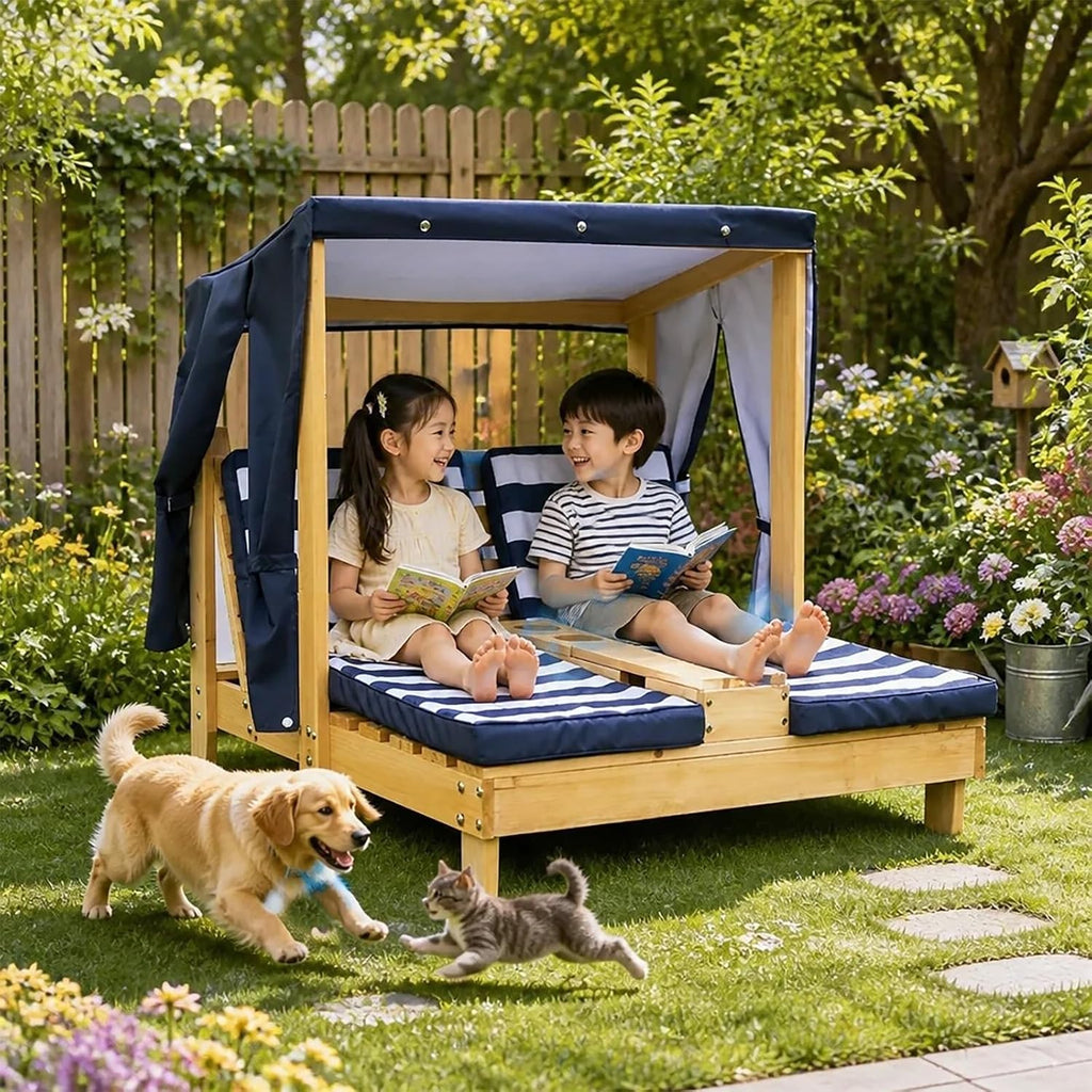 Kids Chaise Lounge Chair Outdoor, Toddler Wood Double Pool Lounger Chairs w/Canopy, Cup Holders, Removable Stripped Fabric Cushions, for Lawn, Pool, Garden, and Yard(Light Blue)