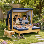 Kids Chaise Lounge Chair Outdoor, Toddler Wood Double Pool Lounger Chairs w/Canopy, Cup Holders, Removable Stripped Fabric Cushions, for Lawn, Pool, Garden, and Yard(Light Blue)