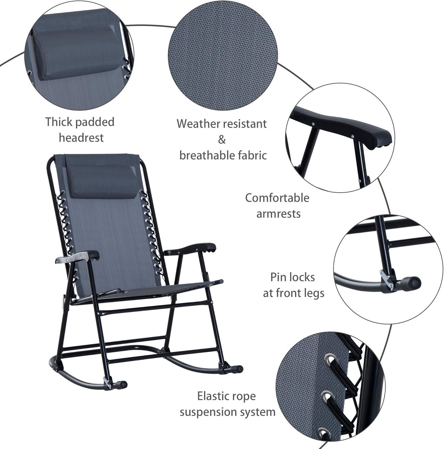 Outsunny 3 Piece Outdoor Rocking Bistro Set, Patio Folding Chair Table Set with Glass Coffee Table for Yard, Patio, Deck, Backyard, Grey