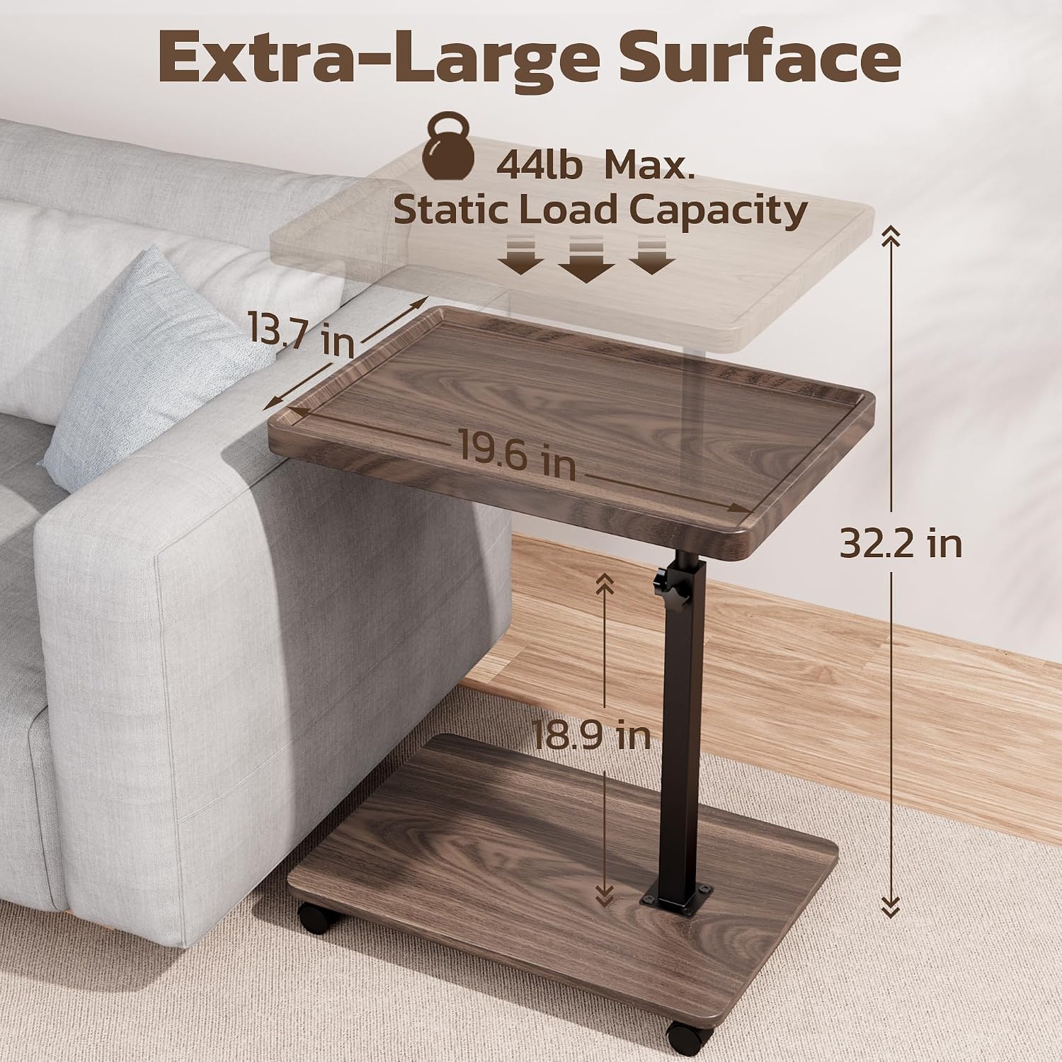Large C-Shaped End Table, Swivel TV Tray, Couch Side Table Wood | Adjustable Height 360° Swivel, Slide Under Sofa, Multi-Use Couch/Bed/Overbed Table, Small TV Dinner Tray For Couch Dining