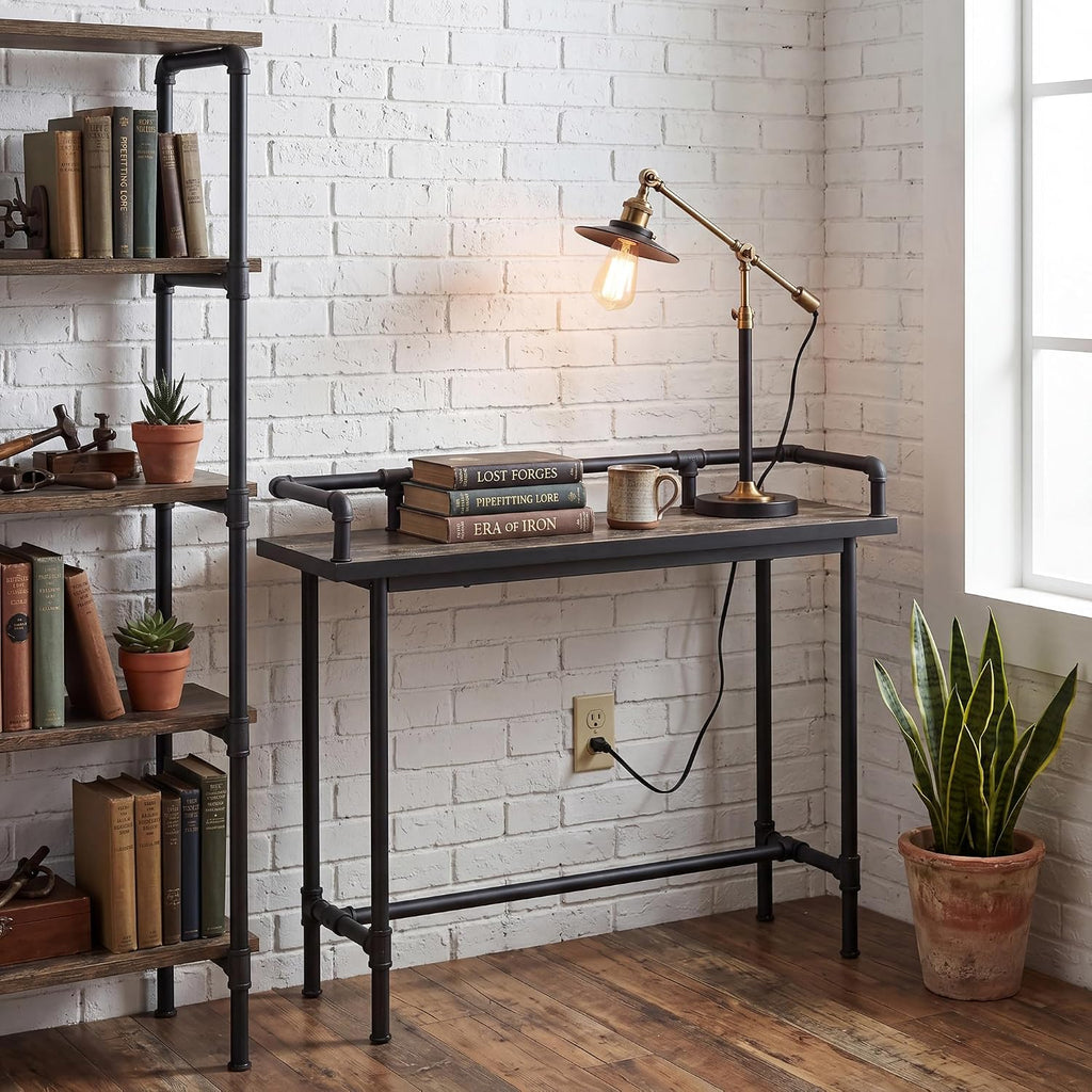 VECELO Narrow Sofa Table with Outlets & USB Ports, Industrial-Style Behind-Couch Table for Entryway, Hallway, Living Room, Bedroom, 39 Inch, Grey Oak