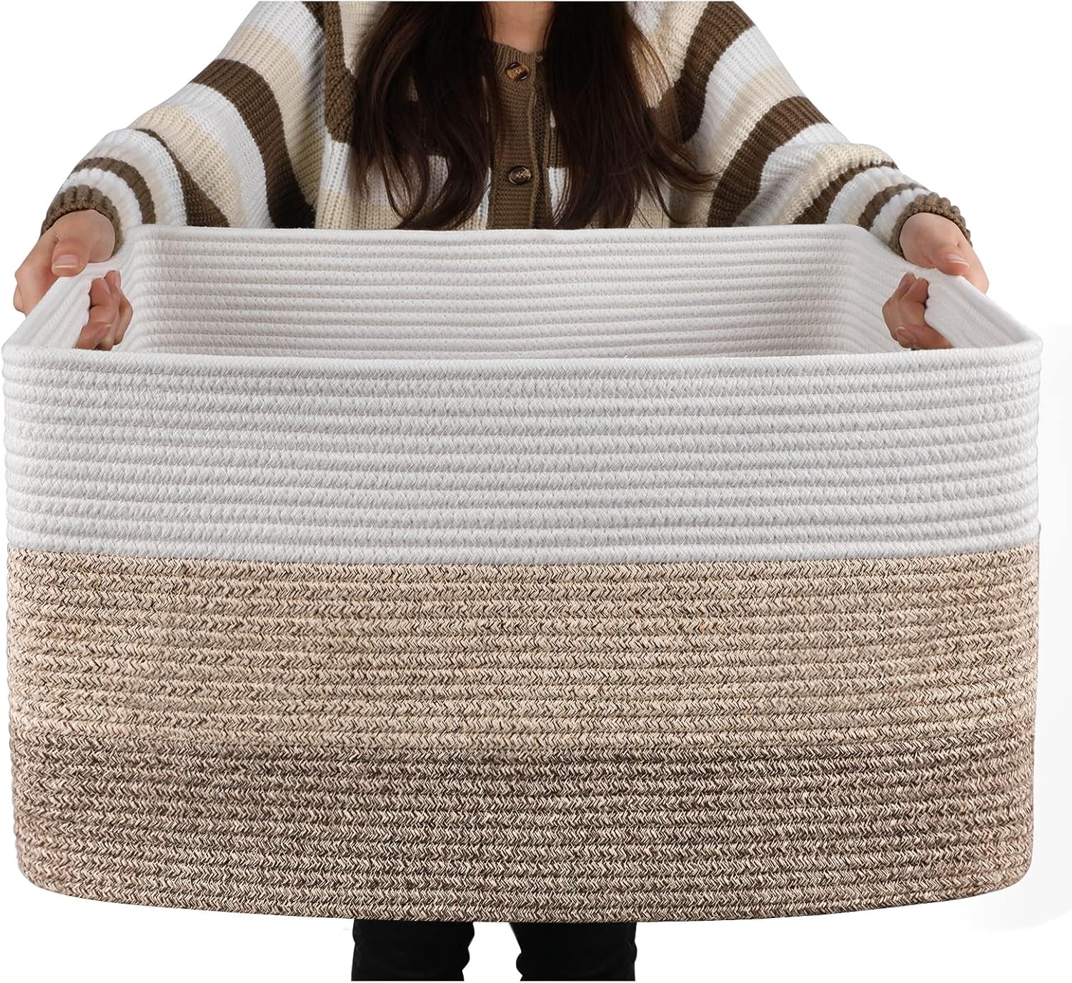 OIAHOMY Large Blanket Basket, 22”x17”x12” Rectangle Woven Baskets, Nursery Blanket Storage Living Room, Toy Storage With Handle, Large Baskets for Organizing-Gradient Yellow