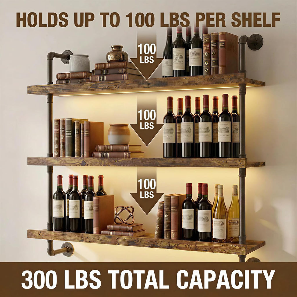 23.6“ Wall Mounted Wine Rack with LED Lights,3-Tier Floating Bar Shelf for Liquor Bottle Display & Storage,Modern Wine Shelf Organizer for Kitchen, Home Bar & Dining Room