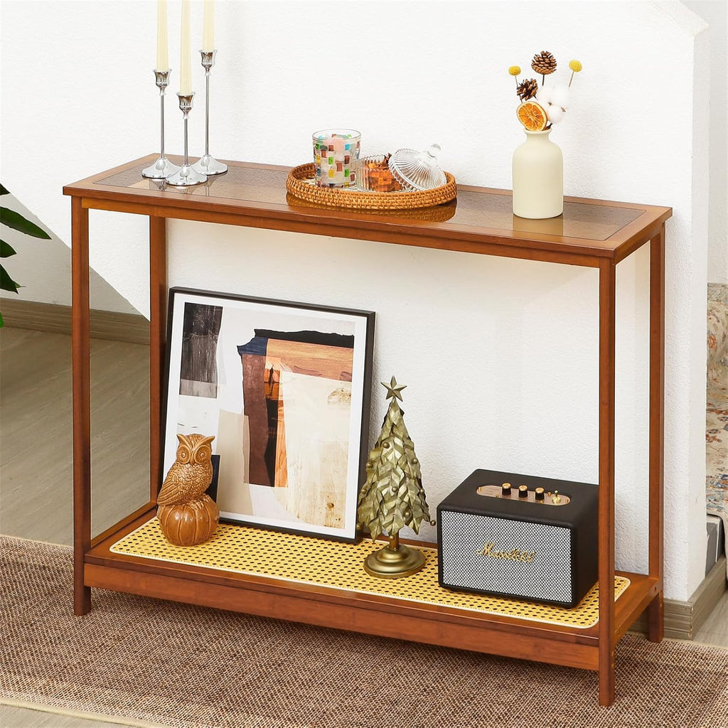 Bamboo Narrow Console Table, 39.4"(L) Wood Small Entryway Table with Rattan and Glass, Accent Slim Hallway Tables, Thin Sofa Side Tables for Hallway, Living Room, Bedroom, Foyer, Walnut