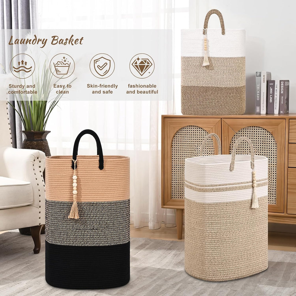 Woven Laundry Basket for Clothes, 80 L Large Rectangle Laundry Hampers with Beads Tassel, Nursery Storage Basket for Toys, Tall Dirty Clothes Hamper for Bedroom Aesthetic, Laundry Room Organization