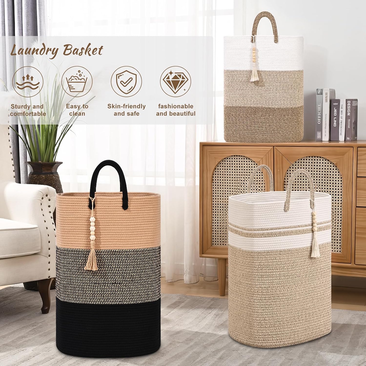Woven Laundry Basket for Clothes, 80 L Large Rectangle Laundry Hampers with Beads Tassel, Nursery Storage Basket for Toys, Tall Dirty Clothes Hamper for Bedroom Aesthetic, Laundry Room Organization