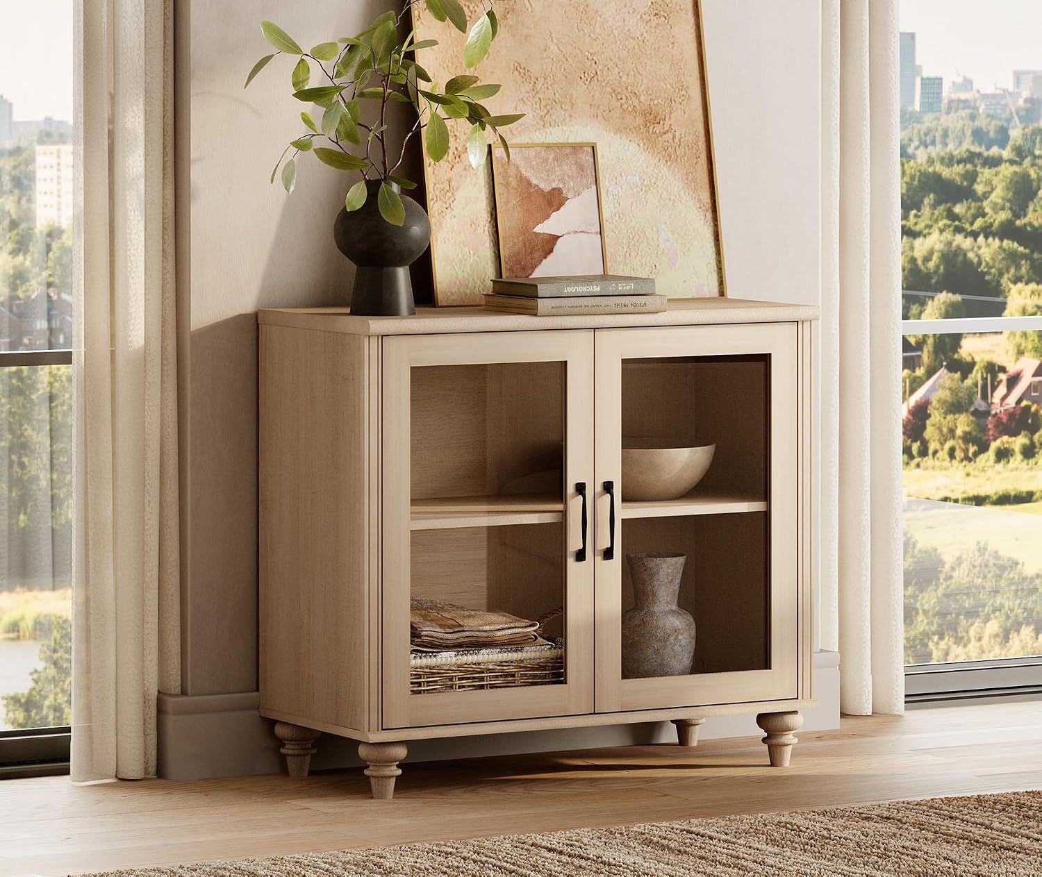 WAMPAT Farmhouse End Table with Ample Storage, Large Mid Century Modern Wood Bedside Table Night Stand, Wide Sofa Side End Table with Glass Doors, Cabinet for Living Room, Bedroom, Beige