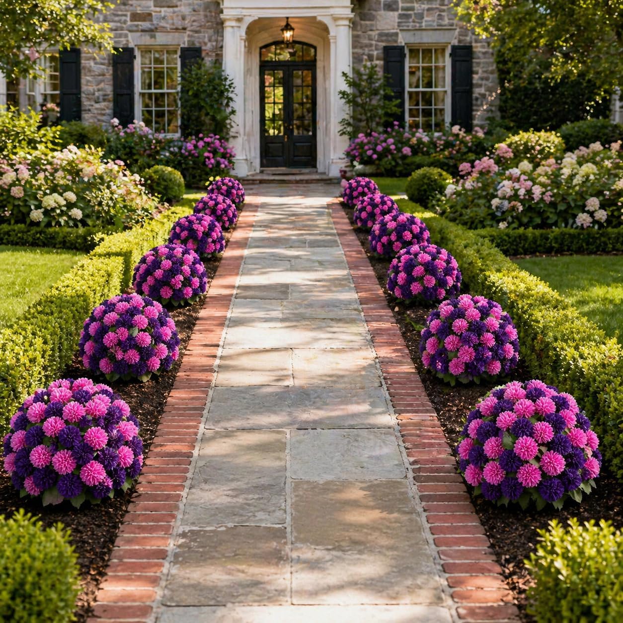 Artificial Mum Topiary Ball: 33" Fake Chrysanthemum Flower with Spike Set of 2 for Front Porch Decor - Purple Pink Faux Bushes Plants with Spike for Outdoor Indoor Garden Patio Entryway