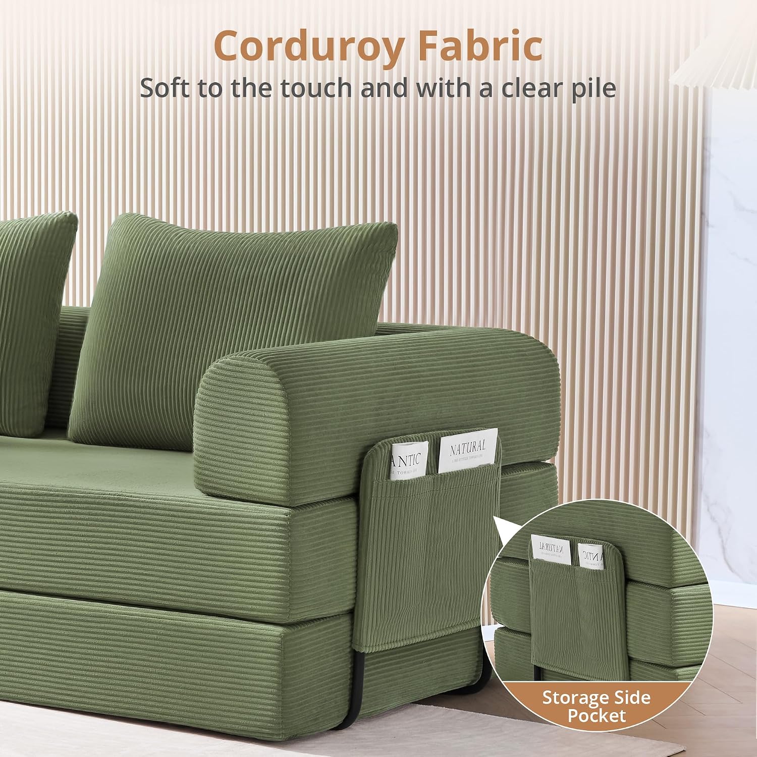 4-in-1 Folding Convertible Sofa Bed, 78 Inch Oversized Corduroy Loveseat Sleeper with Pull Out Bed, Boneless Futon Couch for Living Room Bedroom, No Assembly Needed, Olive Green