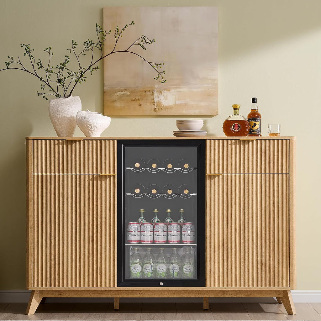 OKD 60" Fluted Coffee Bar Cabinet with Mini Fridge Space, Natural Oak | Mini Fridge Compatible, Built In Charging Station, 3 Stemware Racks, 2 Drawers, 2 Cabinets, Home Bar Cabinet Storage