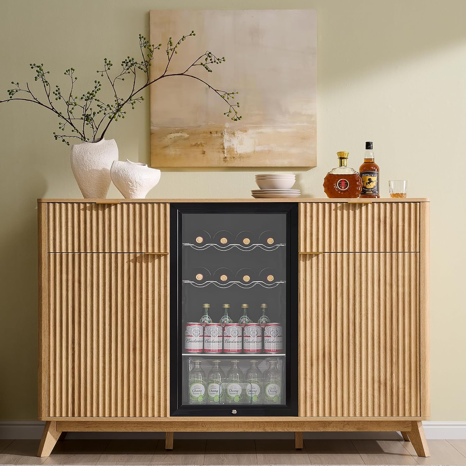 OKD 60" Fluted Coffee Bar Cabinet with Mini Fridge Space, Natural Oak | Mini Fridge Compatible, Built In Charging Station, 3 Stemware Racks, 2 Drawers, 2 Cabinets, Home Bar Cabinet Storage