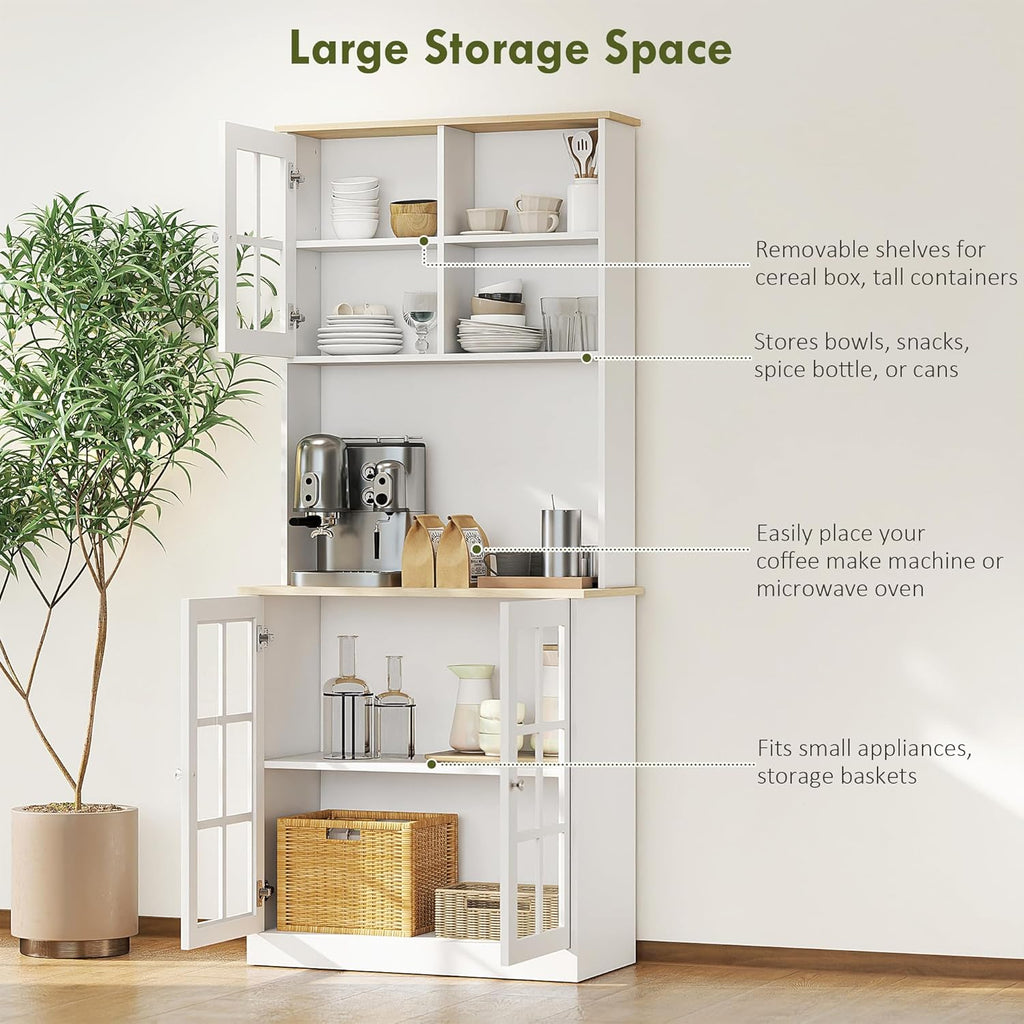 HOMCOM Kitchen Pantry Storage Cabinet, 72" Freestanding Cabinet with Hutch, Large Countertop, Glass Doors and Adjustable Shelves for Dining Room, Off White