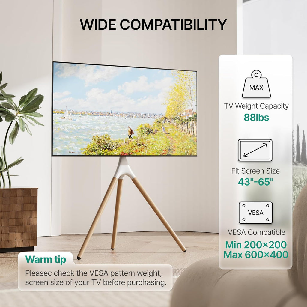 Artistic Easel TV Stand for 43-65 Inch TVs, 180° Swivel Tripod TV Stand up to 88 lbs, Floor TV Mount with Cable Management for Bedroom, Living Room and Corner, Max VESA 600x400mm, White