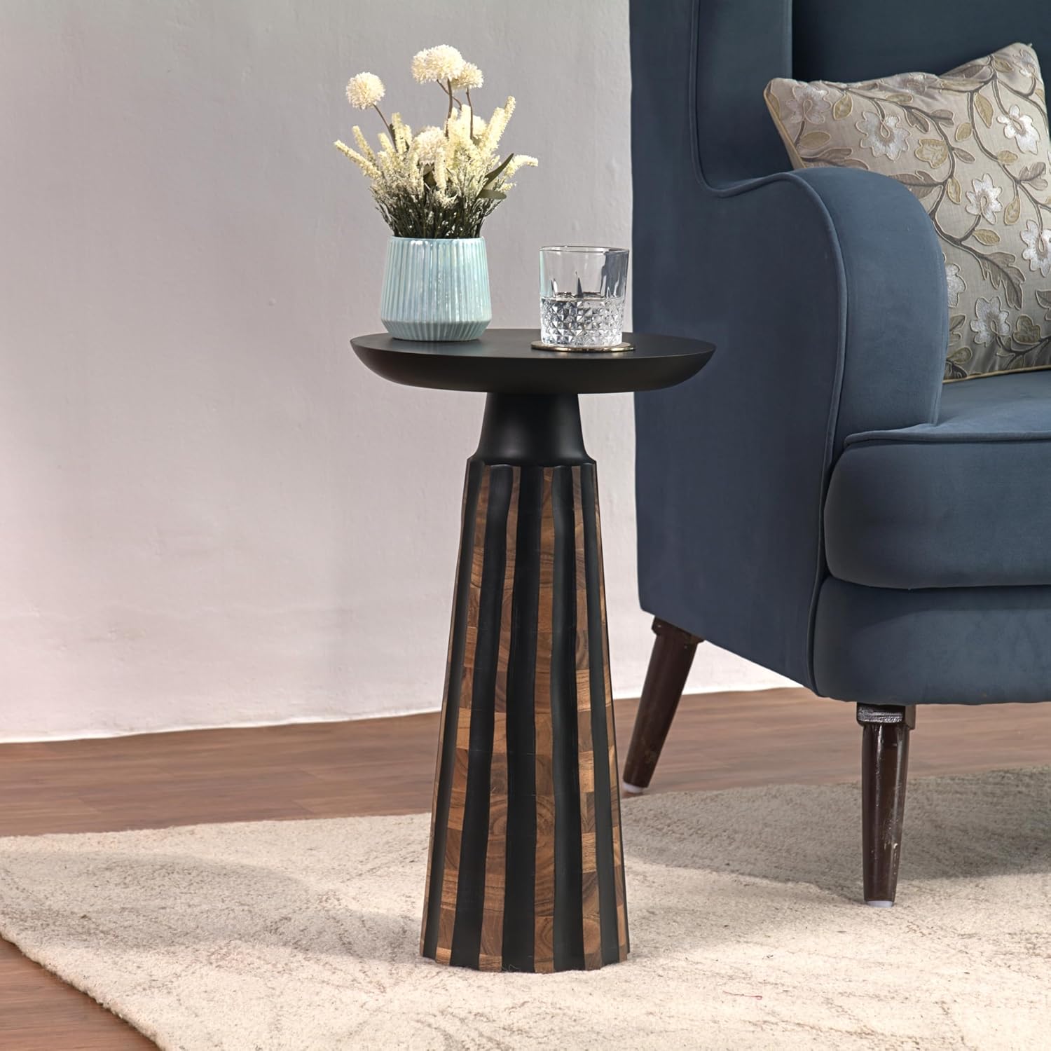 Modern Black & Walnut Wood Accent Table – Handcrafted Drum Pedestal Side Table for Living Room, Bedroom, or Office – Sleek Round Top with Textured Carved Base Black