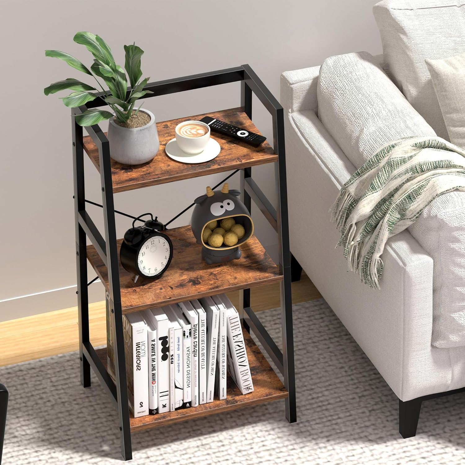 3-Tier Bookshelf, Ladder Shelf for Small Spaces, Industrial Short Bookshelf, Small Bookcase for Living Room, Bedroom, Home Office, Kitchen, 11.8 "D x 16.5" W x 31.3 "H, Rustic Brown