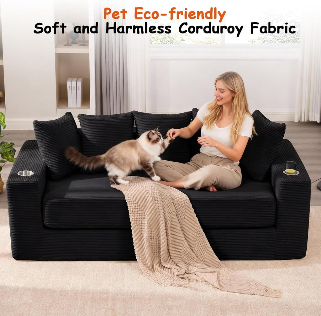 76" Convertible Sofa Bed, 2-in-1 Boneless Sleeper Sofa with Cup Holder & Pocket, Corduroy Pull Out Couch with 5 Pillows, Couch Bed for Living Room, Small Spaces, Bedroom, No Assembly