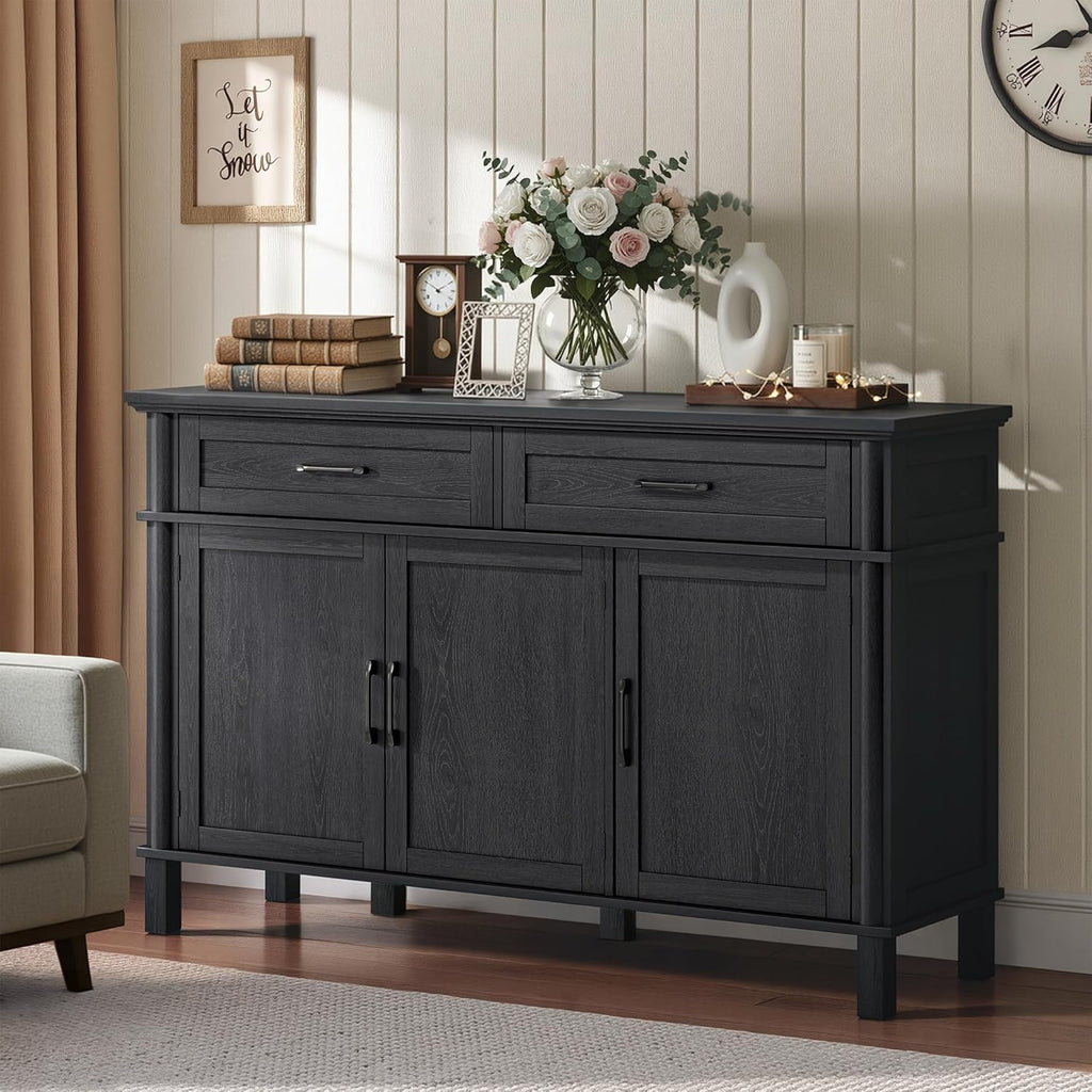 55 Inches Sideboard Buffet Cabinet with Storage, Farmhouse Sideboard Buffet w/2 Drawers and 3 Doors, Kitchen Cabinet with Adjustable Shelf, Wood Kitchen Console Table for Living Room, Hallway, Black