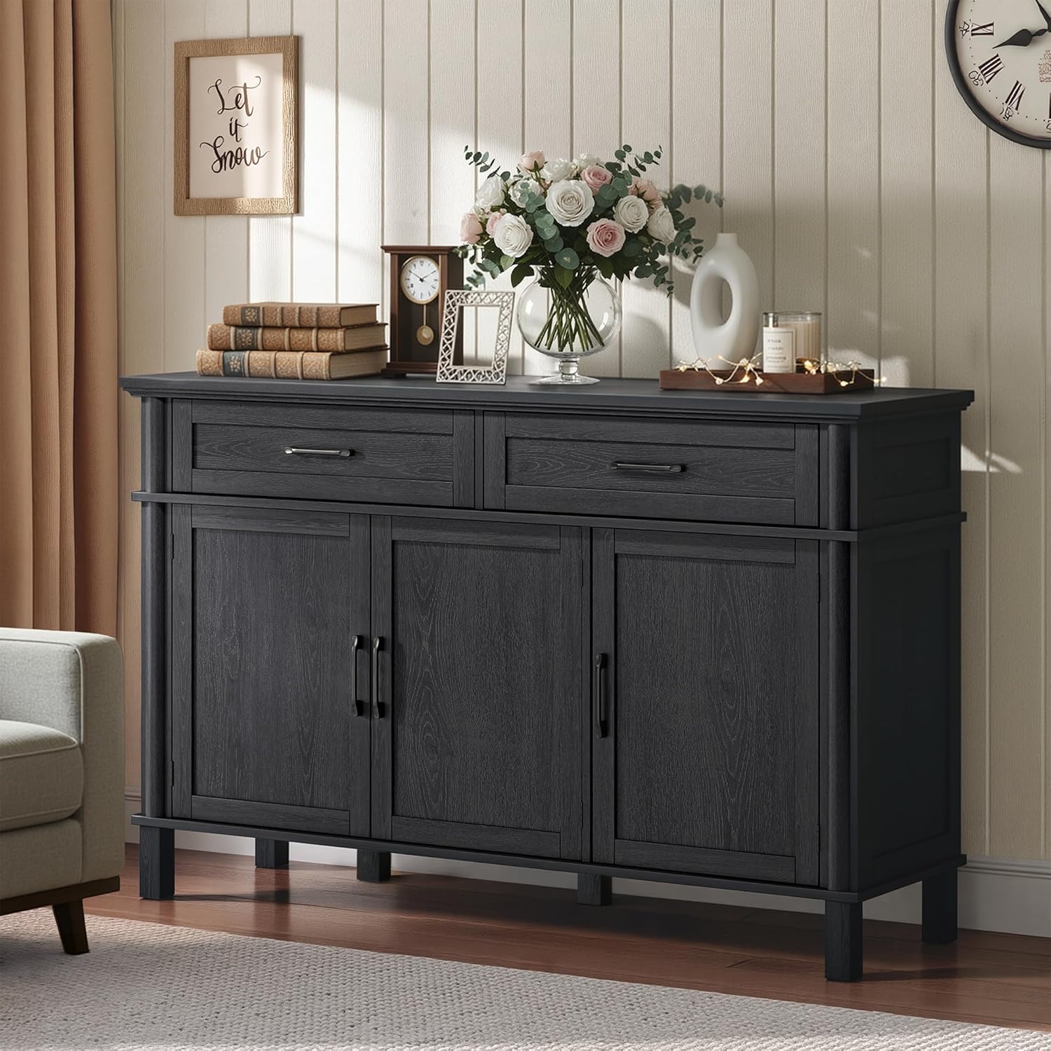 55 Inches Sideboard Buffet Cabinet with Storage, Farmhouse Sideboard Buffet w/2 Drawers and 3 Doors, Kitchen Cabinet with Adjustable Shelf, Wood Kitchen Console Table for Living Room, Hallway, Black
