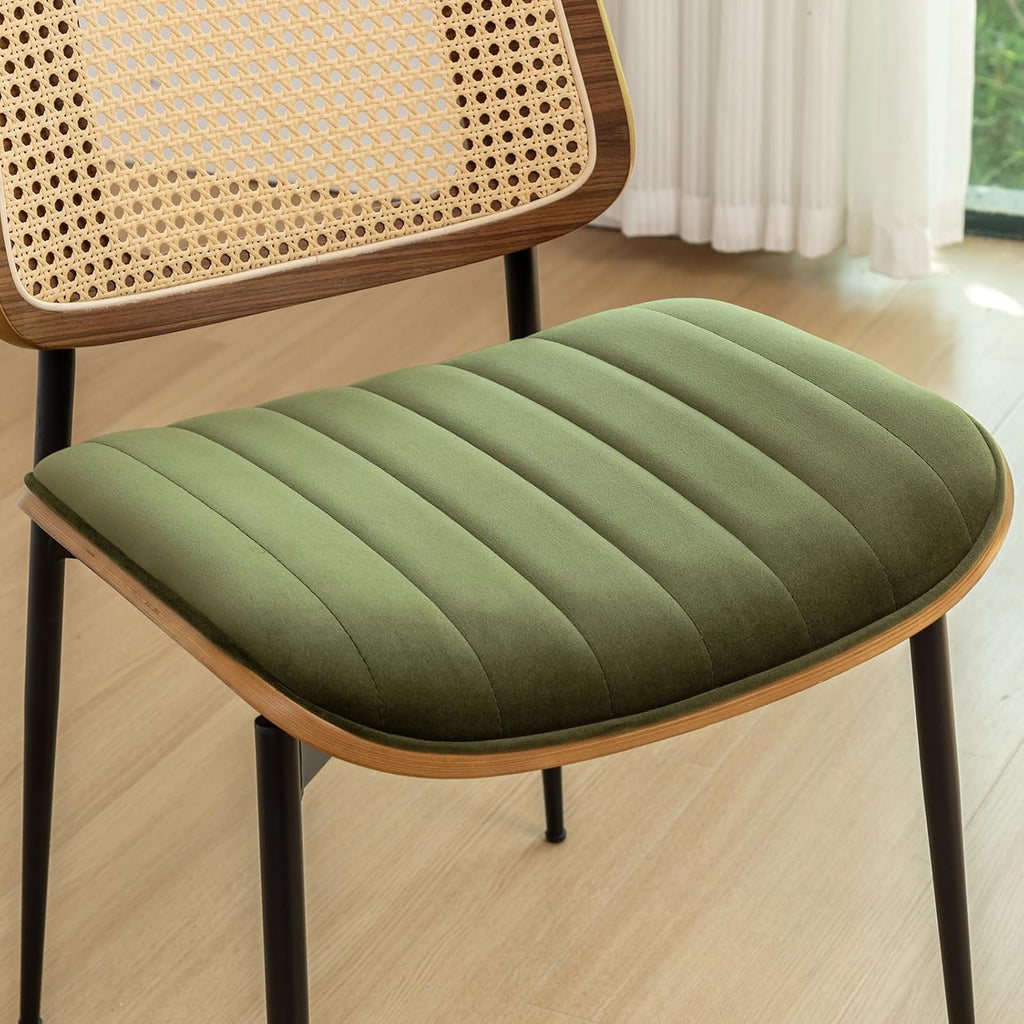 Rattan Dining Room Chairs Set of 2, Mid Century Modern Kitchen Chairs,Green Velvet Walnut Wood Finish Side Chair, Metal Legs Chair with Rattan Backrest,Green Fabric
