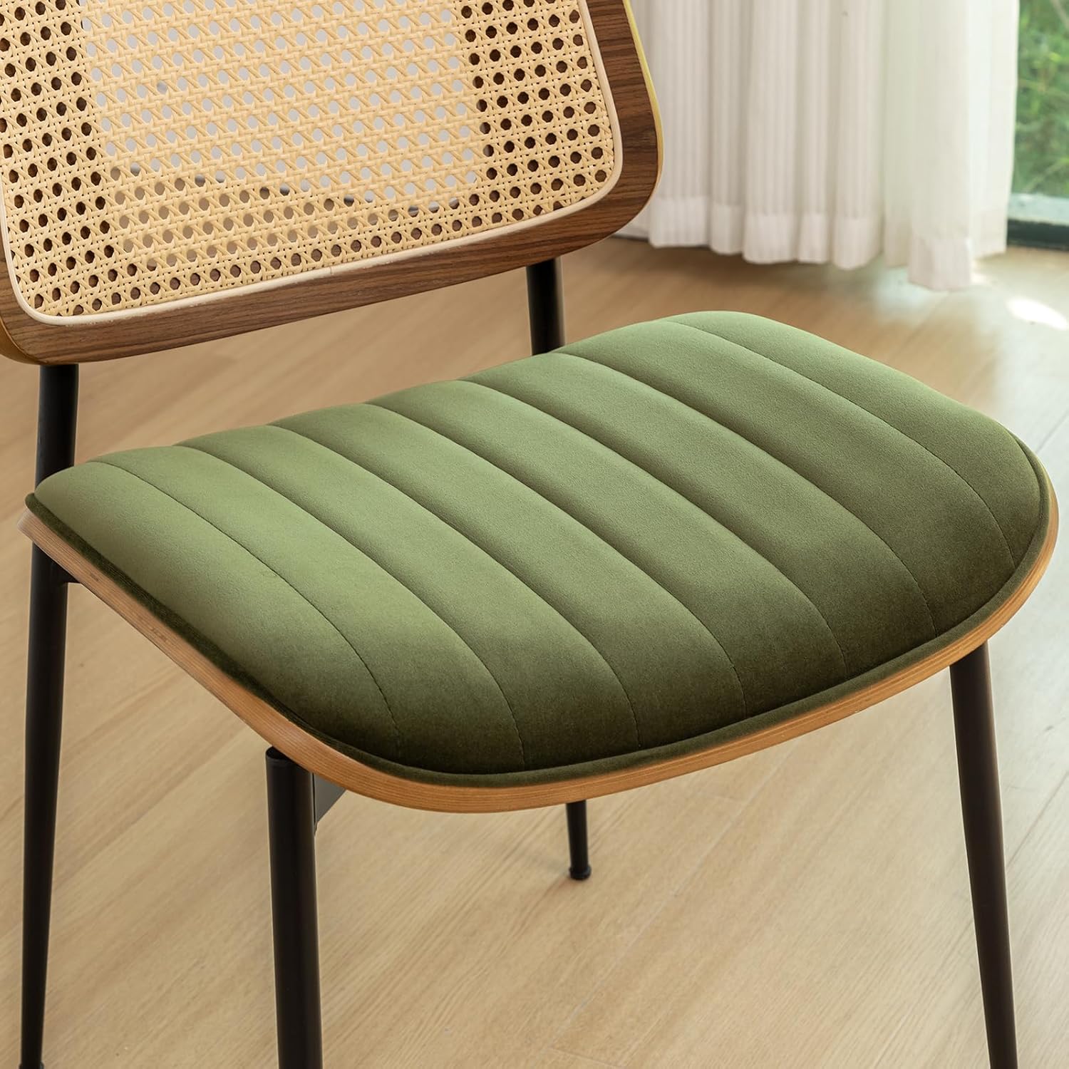 Rattan Dining Room Chairs Set of 2, Mid Century Modern Kitchen Chairs,Green Velvet Walnut Wood Finish Side Chair, Metal Legs Chair with Rattan Backrest,Green Fabric