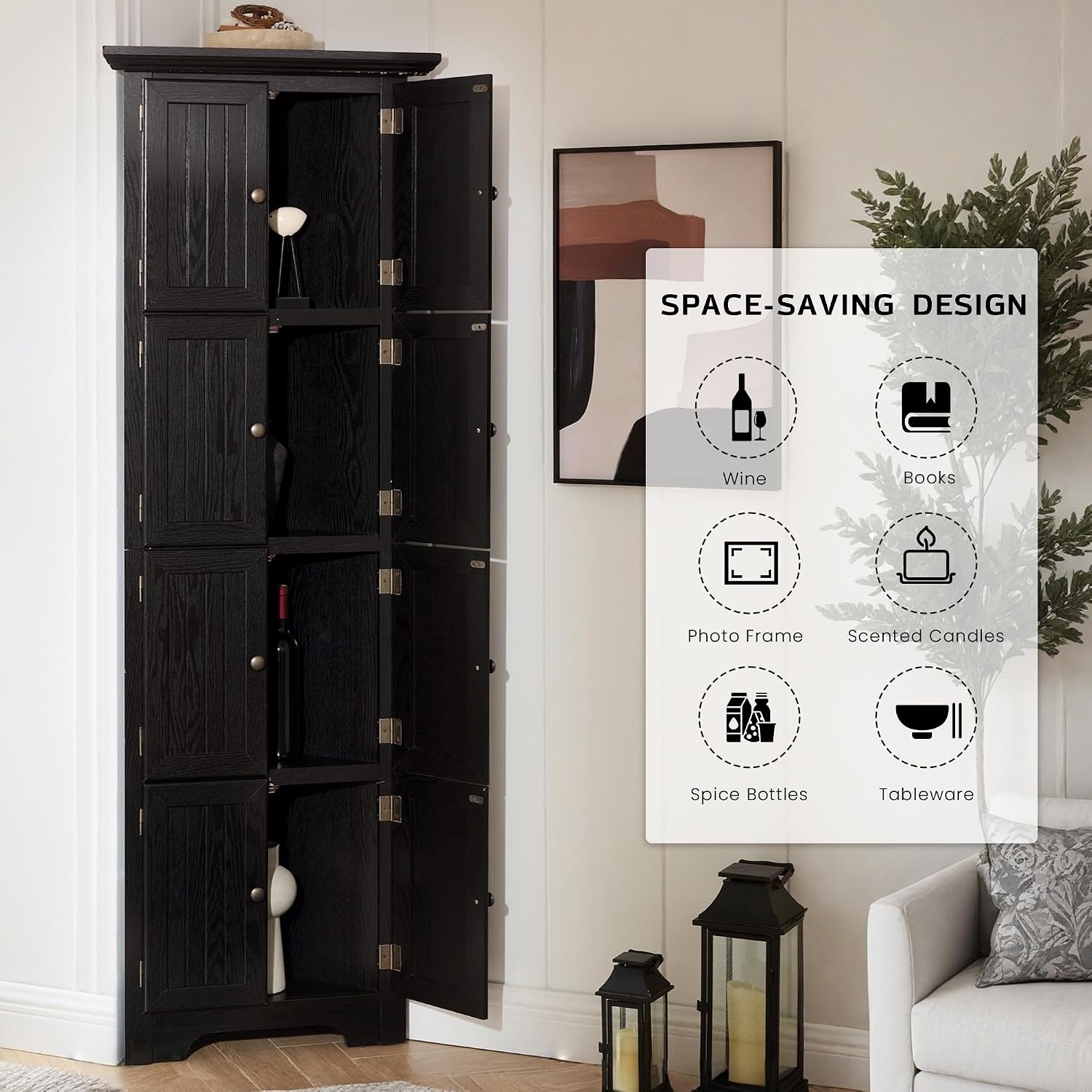 Corner Storage Cabinet 72" H Wooden Kitchen Pantry with 8 Doors, Freestanding Bookshelf Cabinet with Adjustable Shelves for Living Room (Black & Style 2)