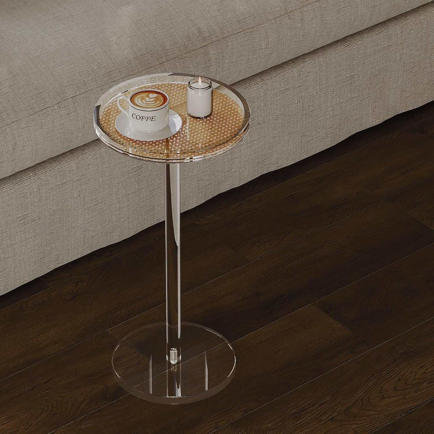 HMYHUM Acrylic Rattan Drink Table for Small Spaces, 11.8'' L x 11.8'' L x 24'' H, Round Coffee Martini Drink Side Table with Pedestal for Living Room, Corners, Sofa, Clear, Easy Assembly