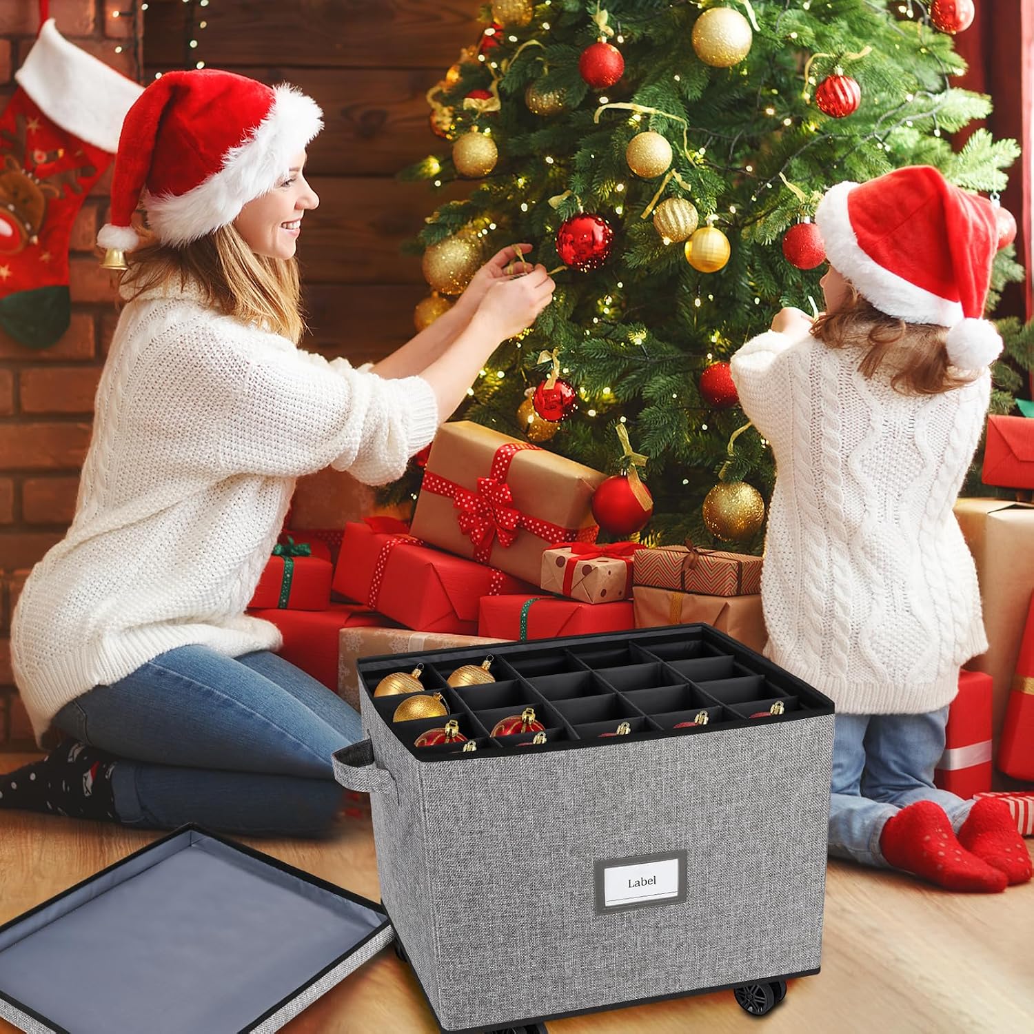 Lukeline Rolling Christmas Ornament Storage Box, Holiday Ornament Organizer with 3 Individual Removable Trays, Large Capacity Christmas Ornament Box with Tow Rope and Double Handles