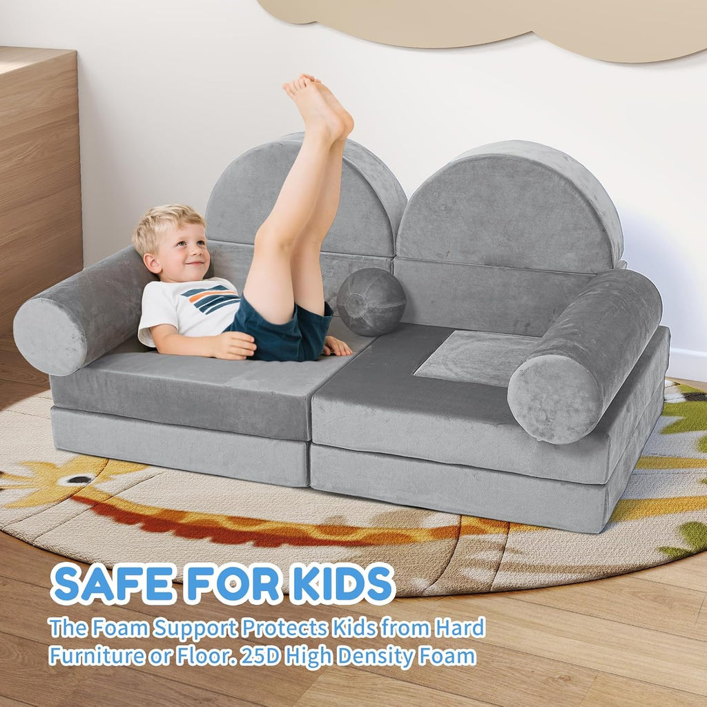 Modular Kids Play Couch 13Pcs Kids Sofa for Playroom, Bedroom, Nursery and Living Room Fold Out SofaBed Unlimited Creativity Sofas Convertible Play Fort (Dark Grey)