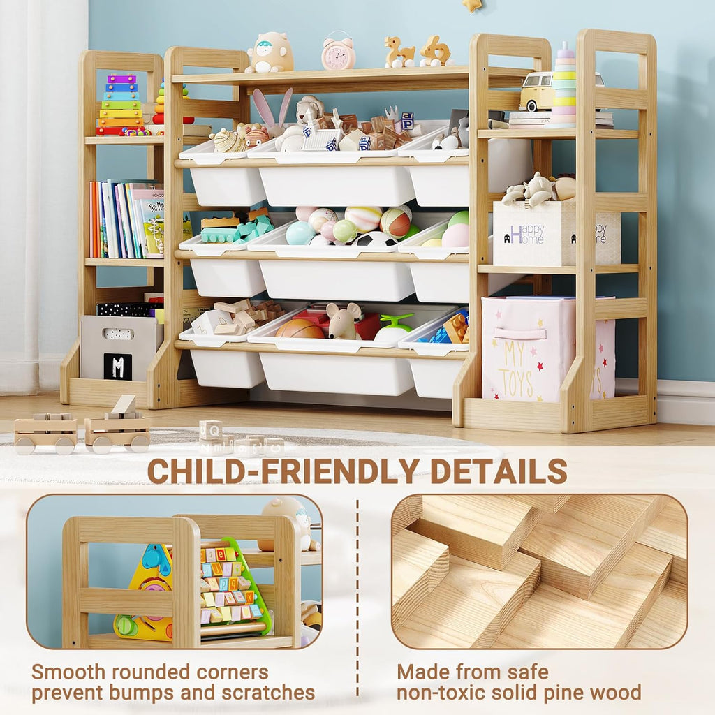 Kids Toy Storage Organizer with Bookshelf, Wooden Toy Shelf with 6 Open Shelves and 9 Removable Bins, Extended Base Sturdy Storage Cabinet for Playroom, Kids Room, Nursery Organization