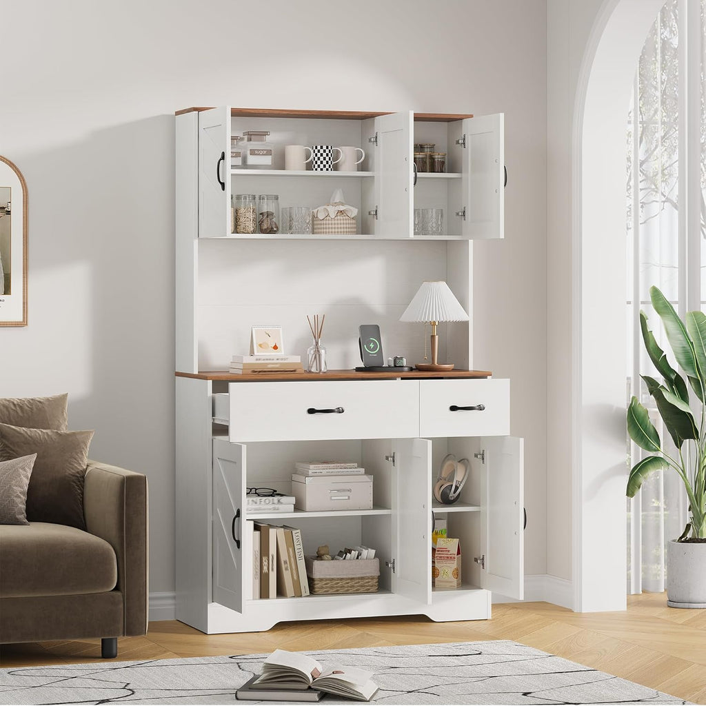 71" Pantry Cabinet with Charging Station, Kitchen Hutch Storage Cabinet with Countertop & Drawer, Farmhouse Food Pantry with Microwave Stand & Adjustable Shelves for Living Room, Dining Room, White