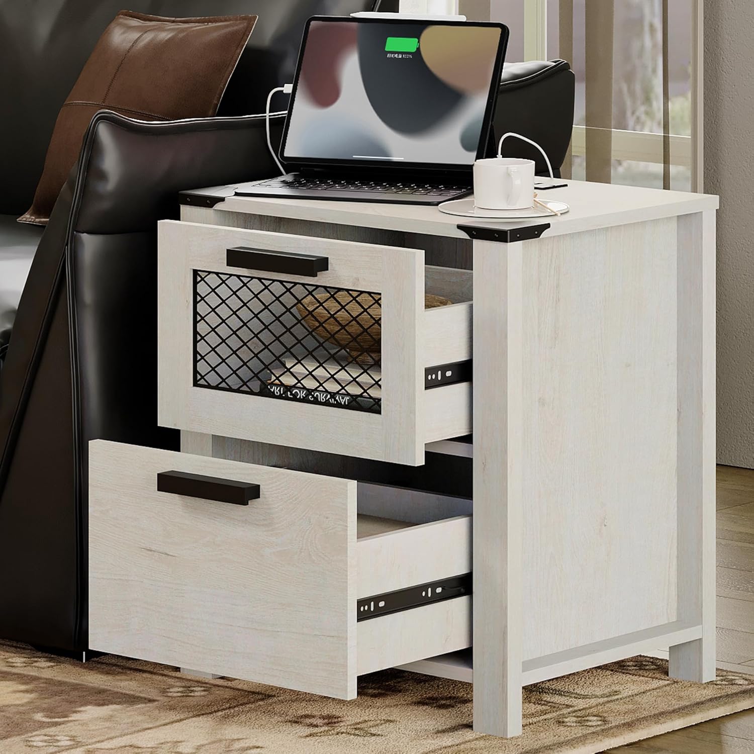 WAMPAT Farmhouse Nightstand with Drawer Stroage, Sofa Side Bedside Table in Bedroom and Living Room, Vintage White