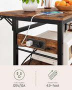 CHOEZON Kitchen Island with Power Outlet and Folding Top, Movable with 3-Tier Storage, Large Size, Wooden Shelves and Wine Rack, for Kitchen, Dining and Living Room, Rustic Brown and Black TZD02UBF