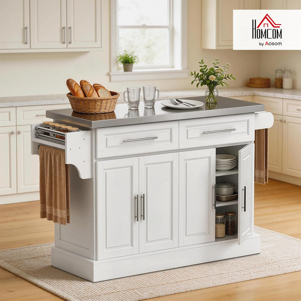 HOMCOM Rolling Kitchen Island Cart with 47" Stainless Steel Top, Portable Island Table for Kitchen with Wheels, Adjustable Shelves, 2 Drawers, Spice, Knife and Towel Rack, White