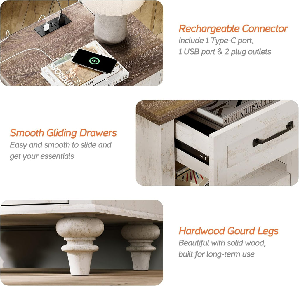WAMPAT Set of 2 End Tables Nightstands with Charging Station, Sofa Side Tables for Living Room with Drawers & Shelf, Farmhouse Night Stand Wooden Bedside Table for Bedroom, Antique White