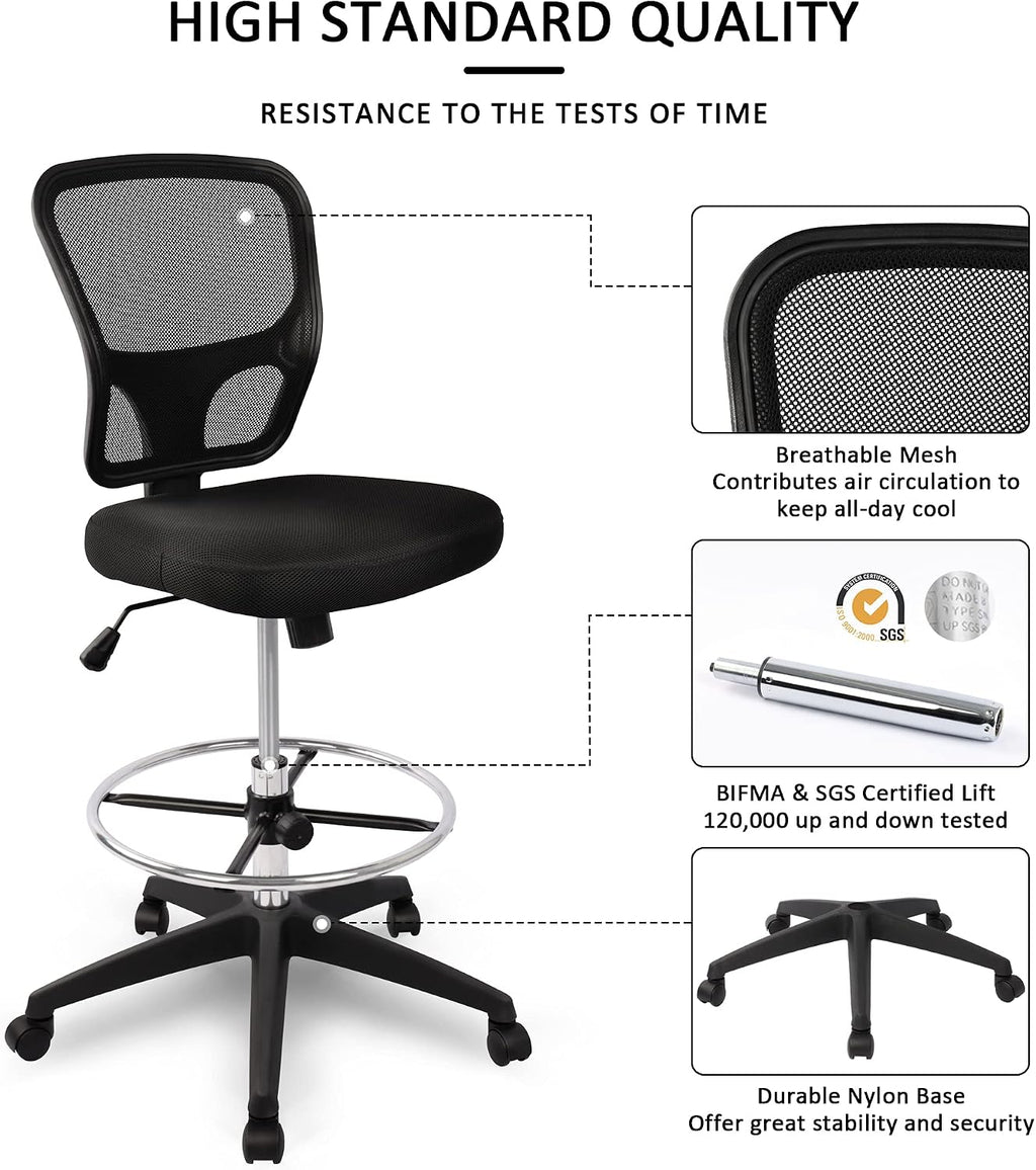HYLONE Ergonomic Office Chairs, Office Drafting Chair, Rolling Stool Chair Armless Standing Desk Chair with Footrest Bar Stools for Home,Office & Bar