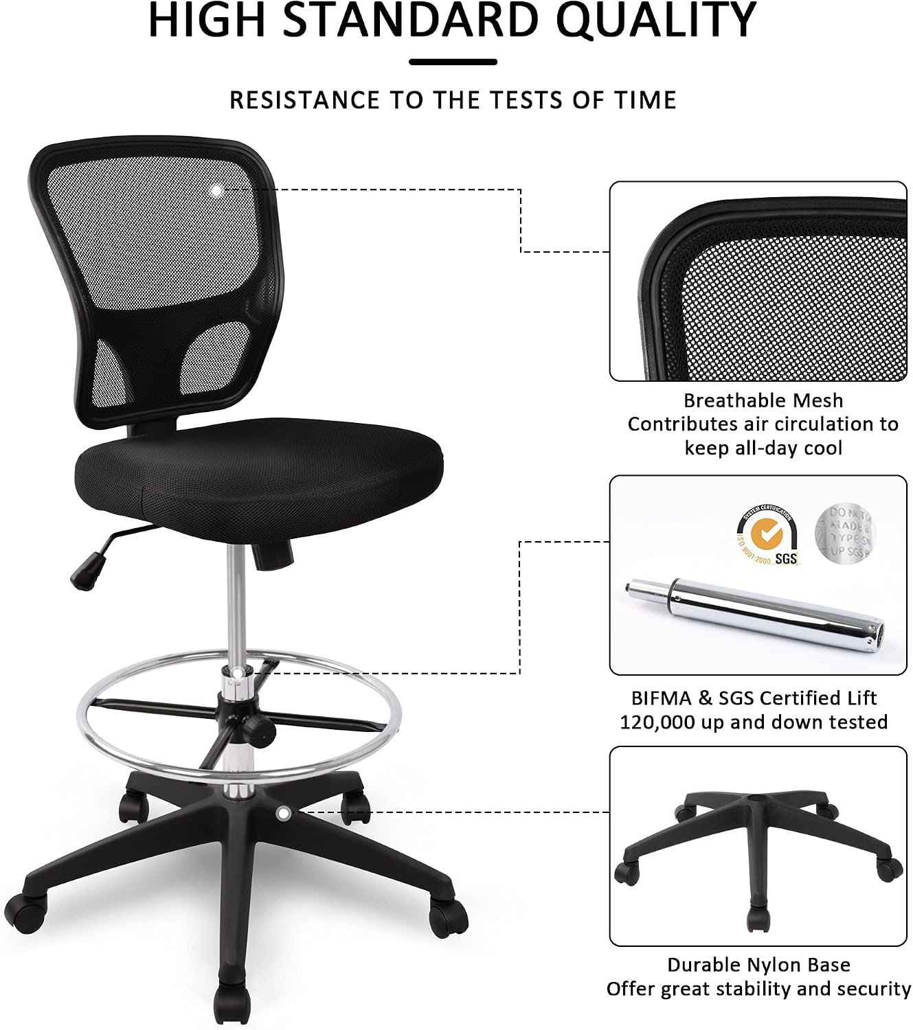 HYLONE Ergonomic Office Chairs, Office Drafting Chair, Rolling Stool Chair Armless Standing Desk Chair with Footrest Bar Stools for Home,Office & Bar