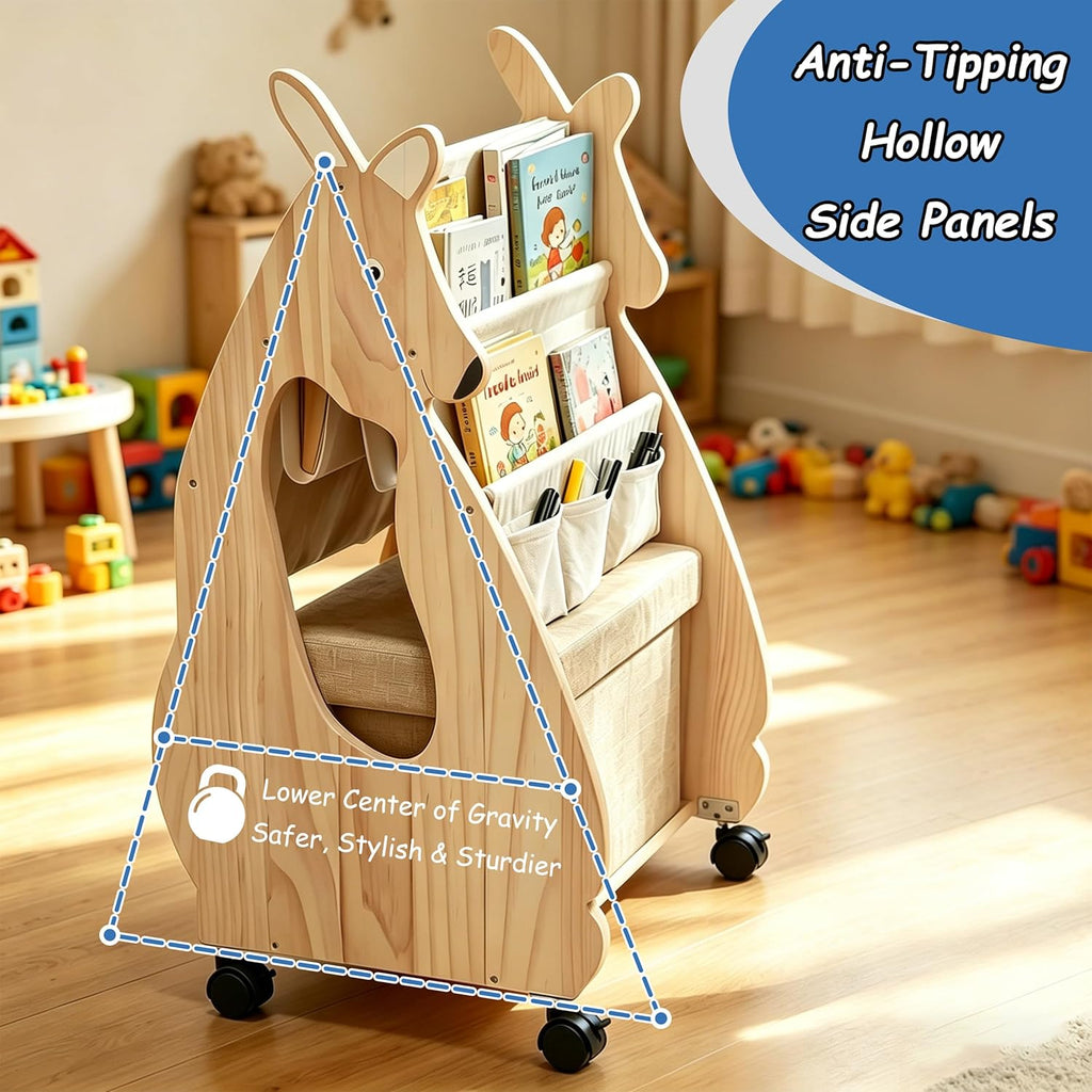 Montessori Kids Bookshelf, Double Sided Book Shelf with Safe Wheels, Large Storage Drawer & Thick Solid Pine Wood, Nursery Book Shelves for Kids Rooms, Kids Bookshelf and Toy Storage