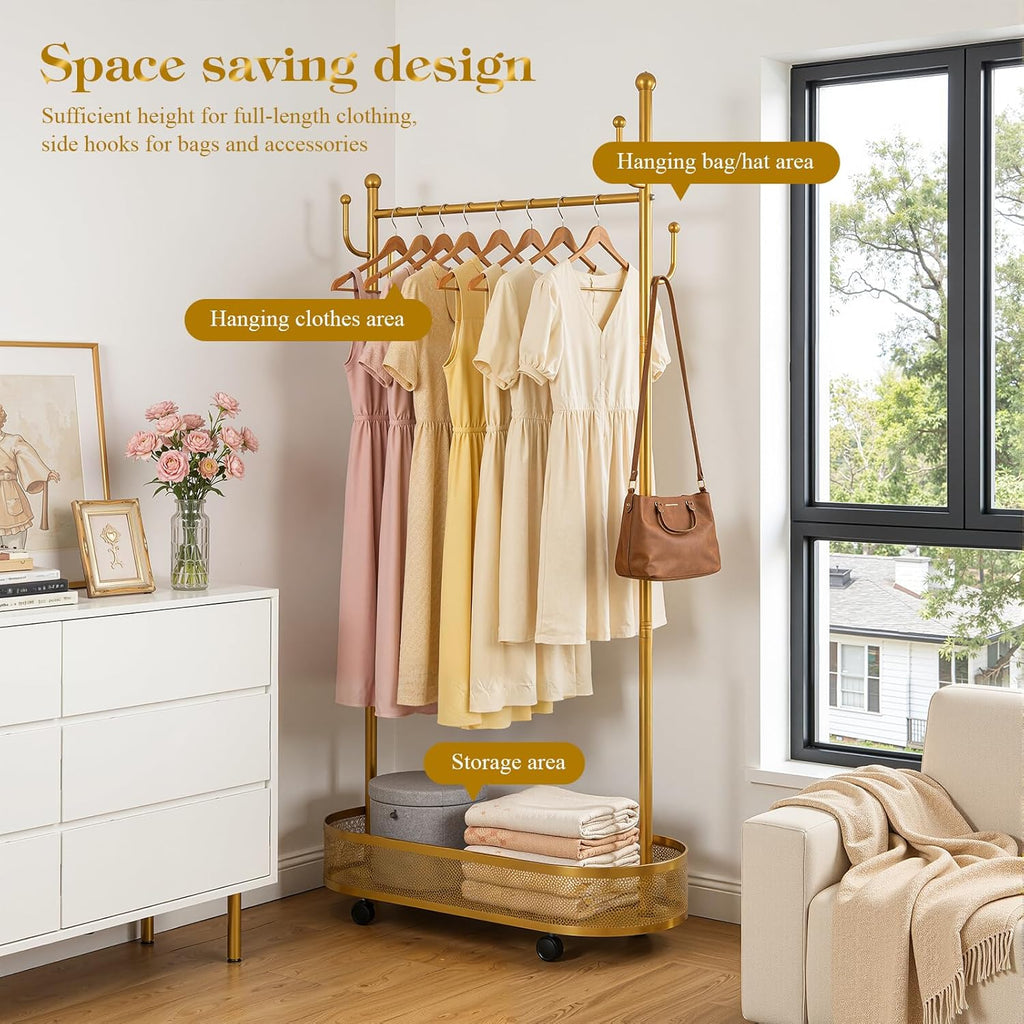 Cuteam Rolling Clothes Rack, Freestanding Metal Clothing Rack with Lockable Wheels, Mesh Storage Basket, Hooks, Movable Coat Rack for Bedroom Living Room (Golden)