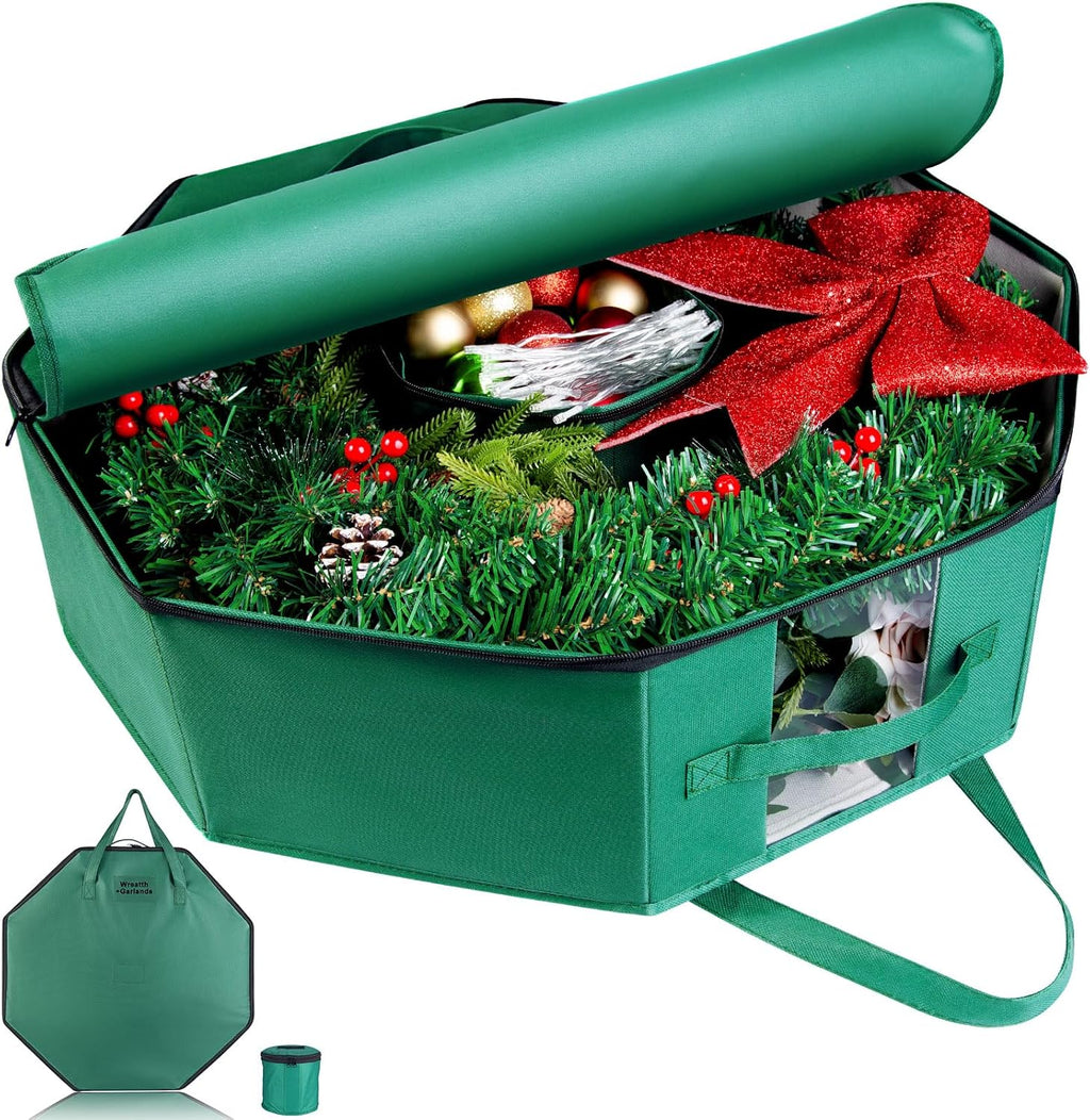 BrilliantJo Wreath Storage Hard Shell Christmas Decorations Case Bag with Interior Pockets 600D Oxford Fabric 24 Inch Xmas Container Box for Holiday Zipper and Handles Labeling Card Slot Green